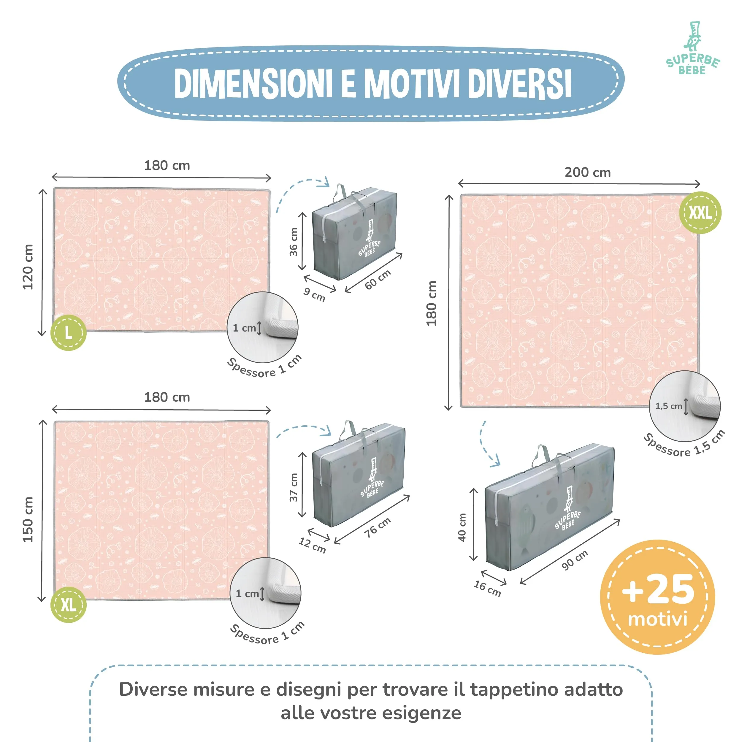 SUPERBE BEBE Tappeto Gioco Bambini Pieghevole 180x200x1.5cm Montessori Reversibile in Schiuma - immagine 7