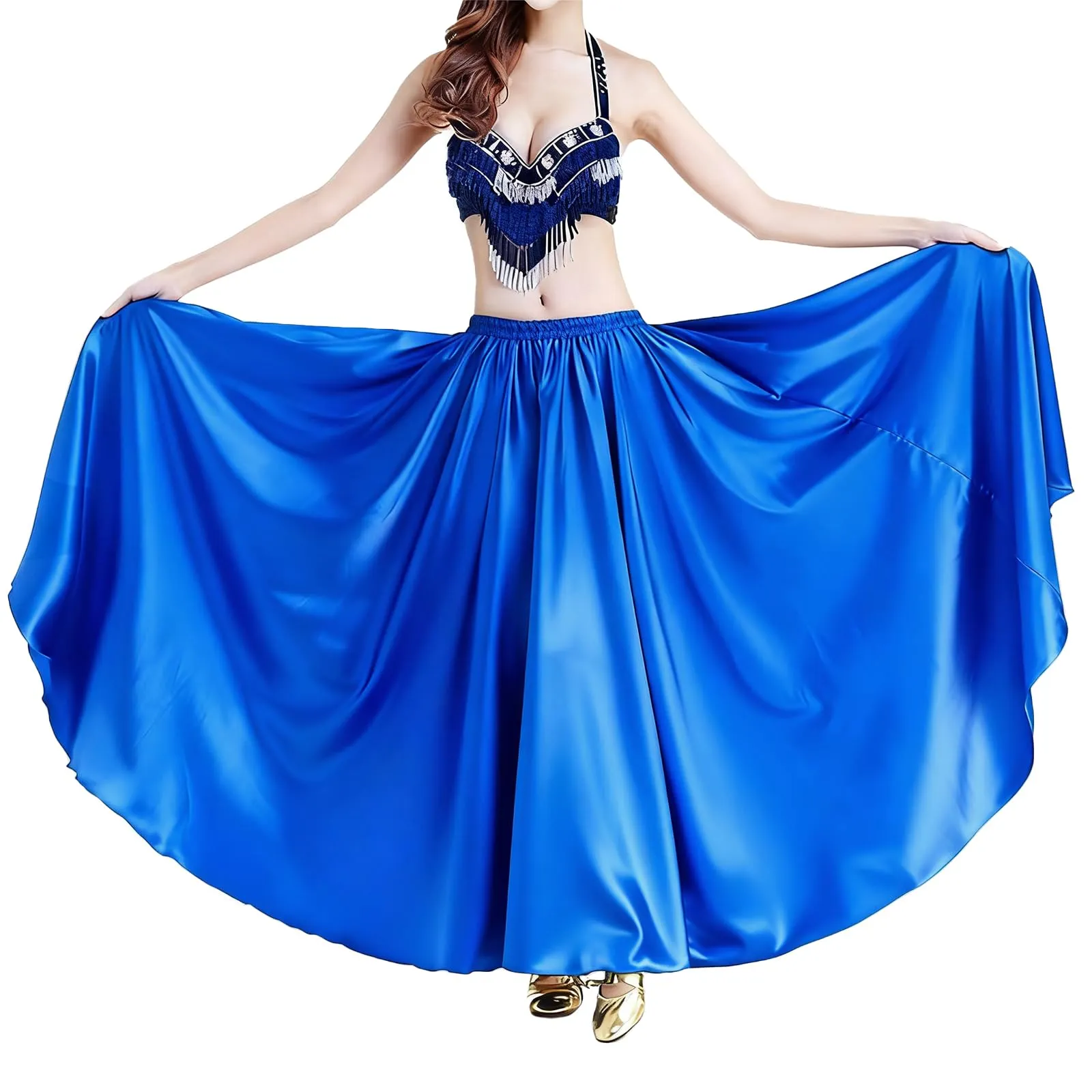 Baisdan Gonna in Raso per Danza del Ventre, Blu Navy, Taglia Unica - immagine 2