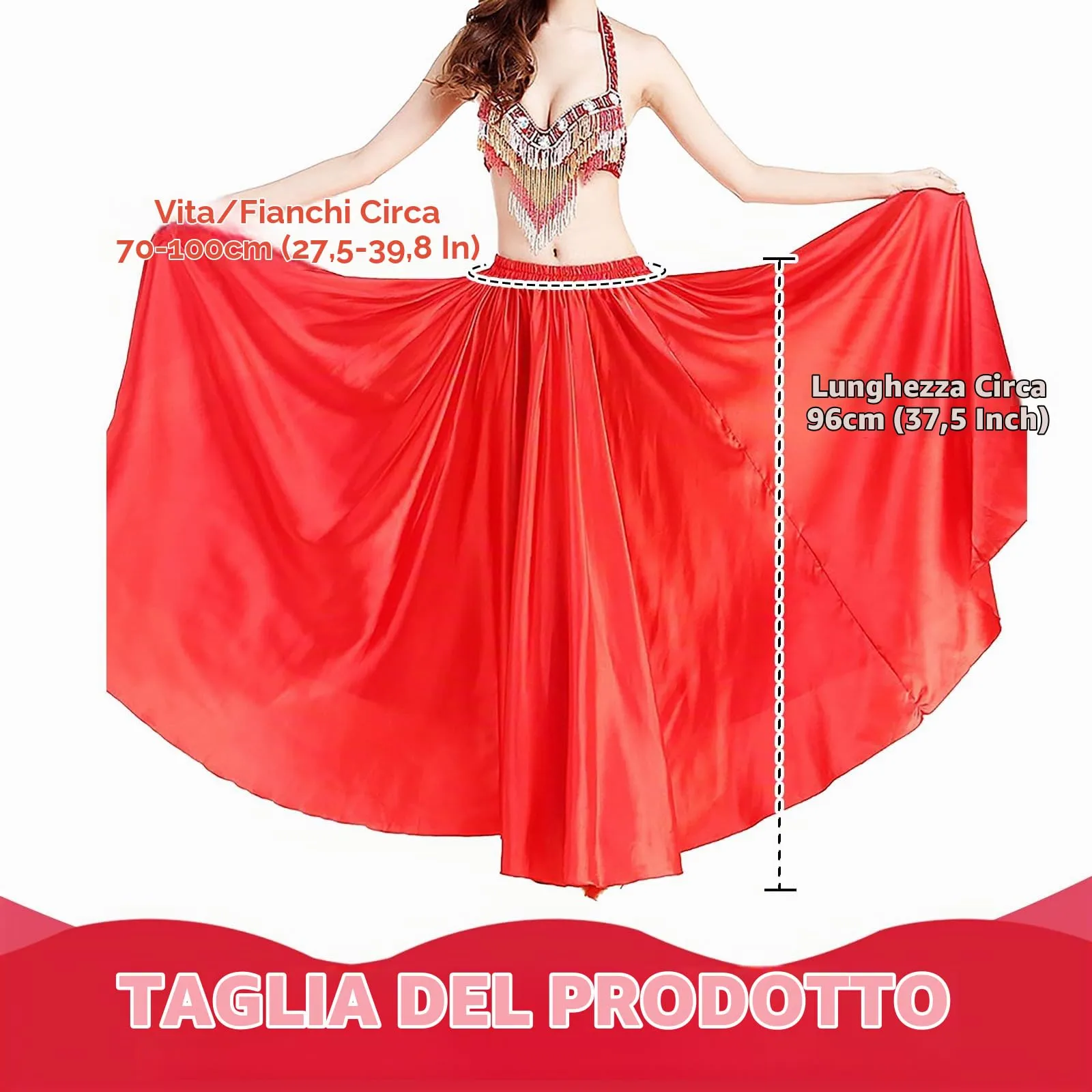 Baisdan Gonna in Raso per Danza del Ventre, Rosso, Taglia Unica - immagine 2