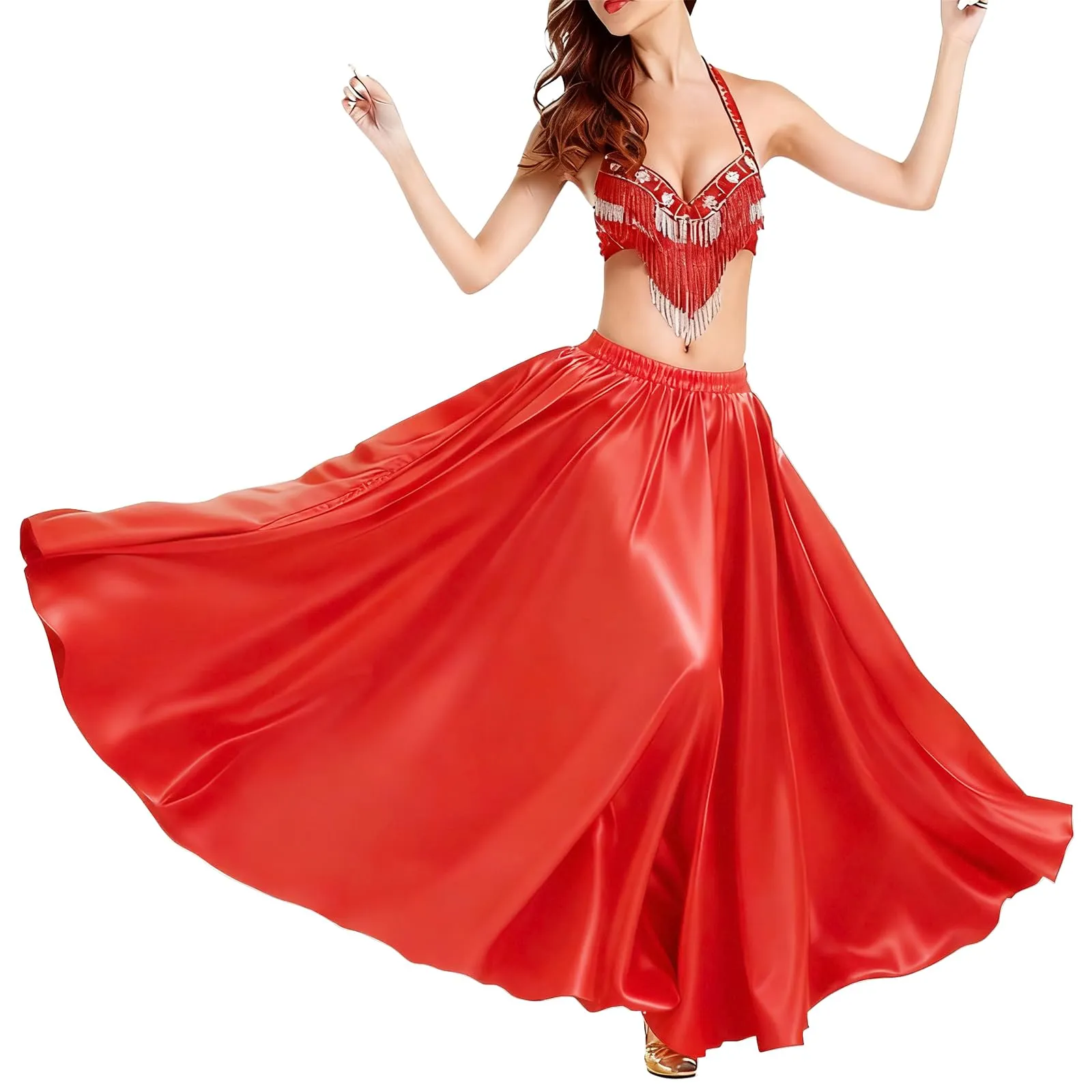 Baisdan Gonna in Raso per Danza del Ventre, Rosso, Taglia Unica - immagine 5