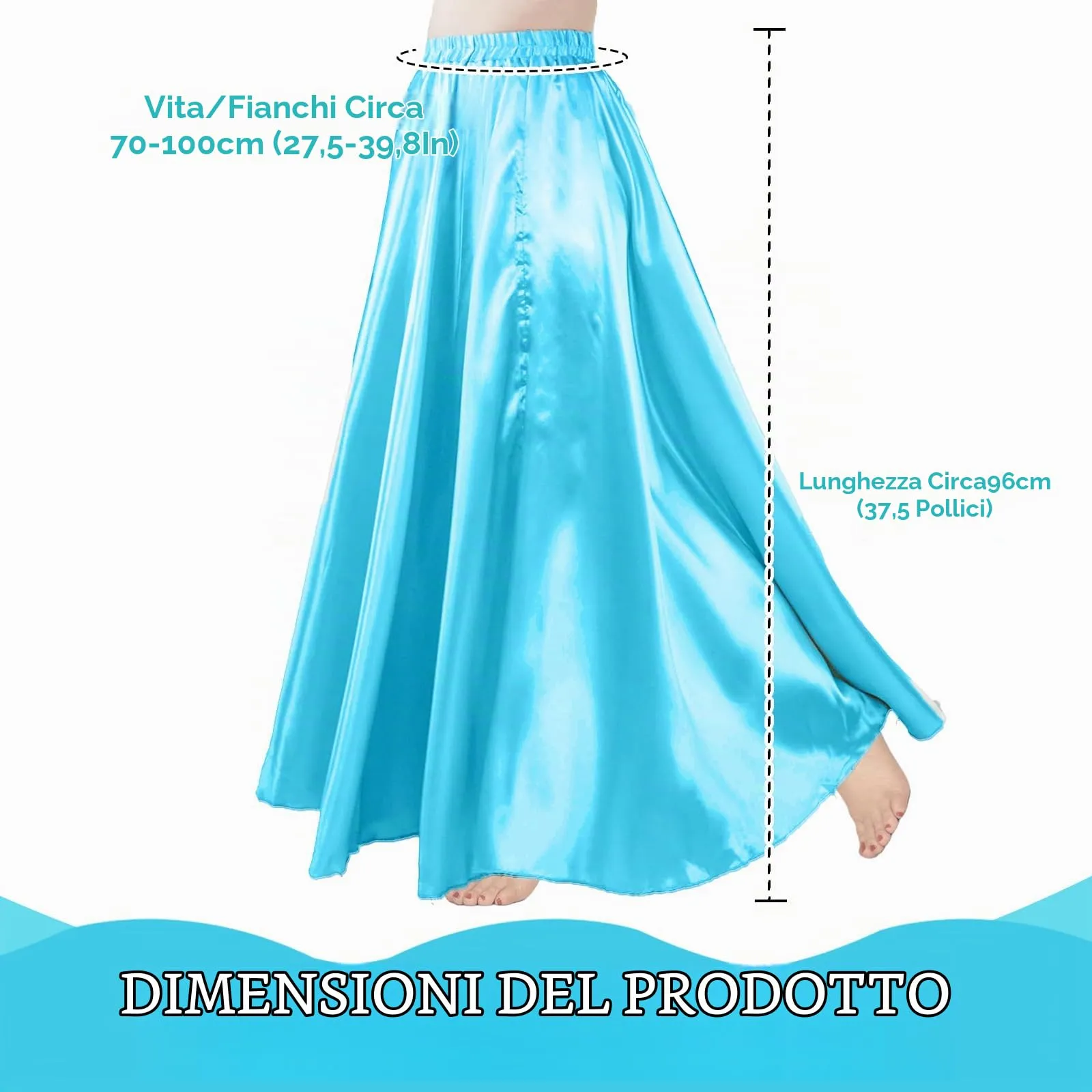 Baisdan Gonna in Raso per Danza del Ventre, Blu Cielo, Taglia Unica - immagine 2