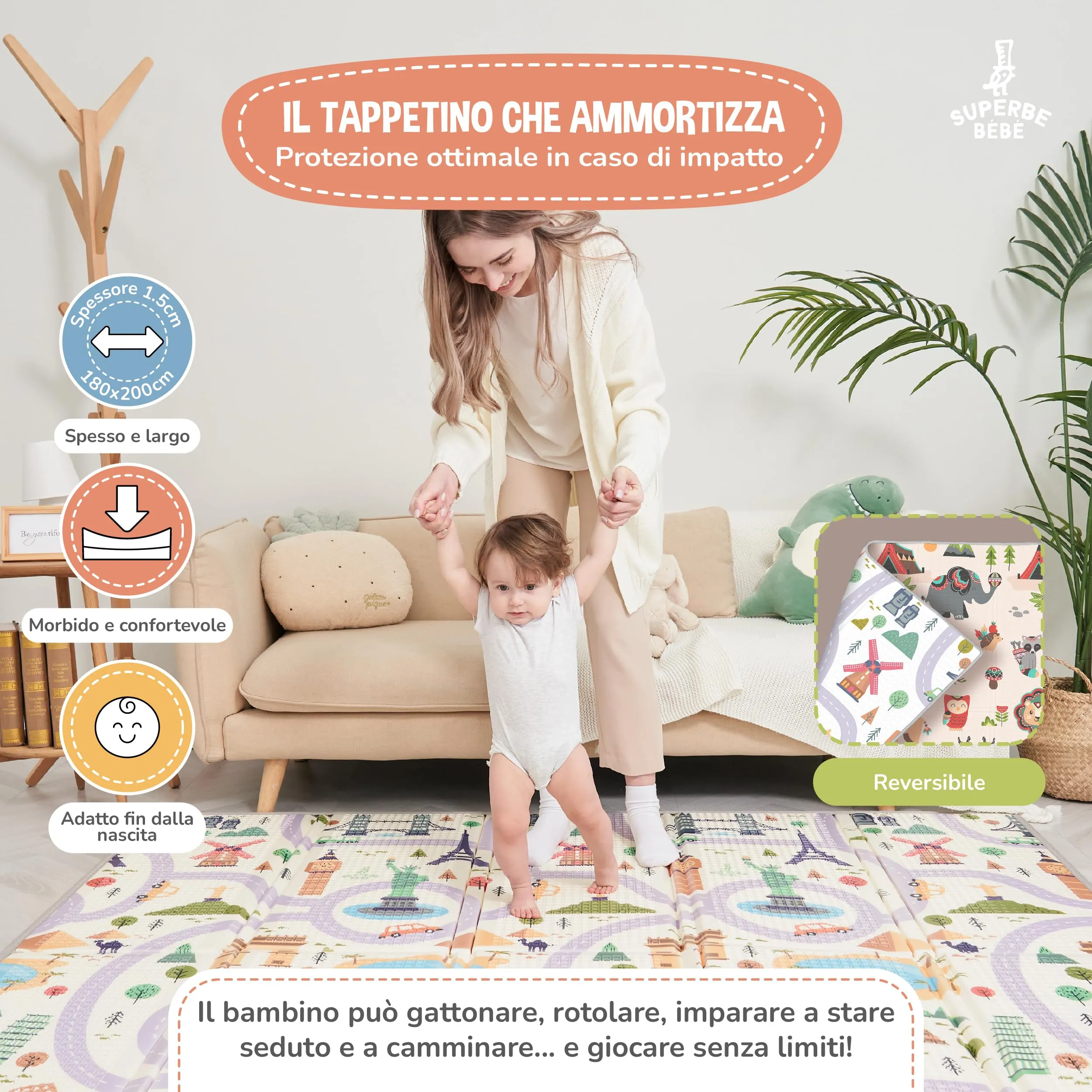 SUPERBE BEBE Tappeto Gioco Bambini Pieghevole 180x200x1.5cm Montessori Reversibile in Schiuma, Impermeabile e Non Tossico - immagine 2