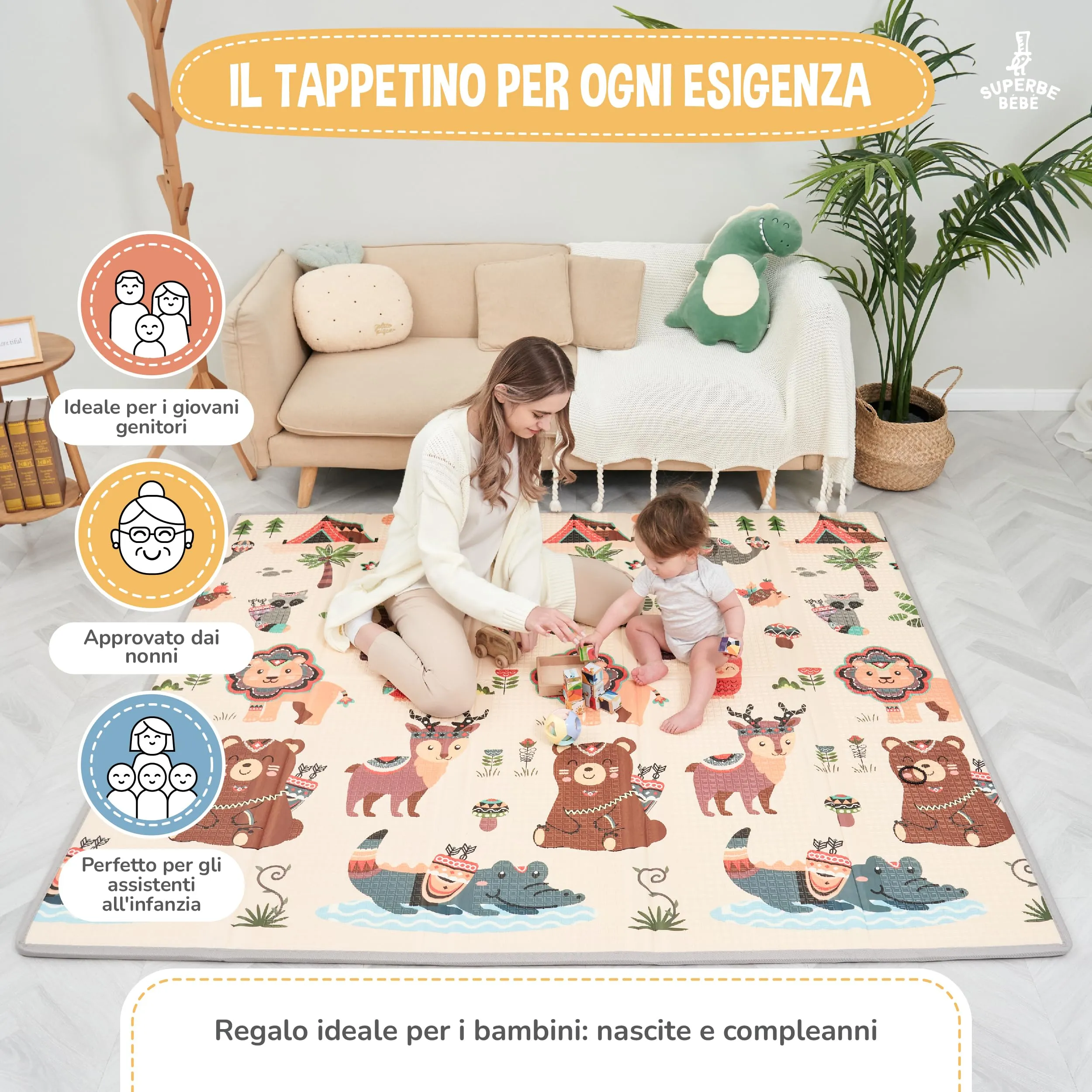 SUPERBE BEBE Tappeto Gioco Bambini Pieghevole 180x200x1.5cm Montessori Reversibile in Schiuma, Impermeabile e Non Tossico - immagine 4