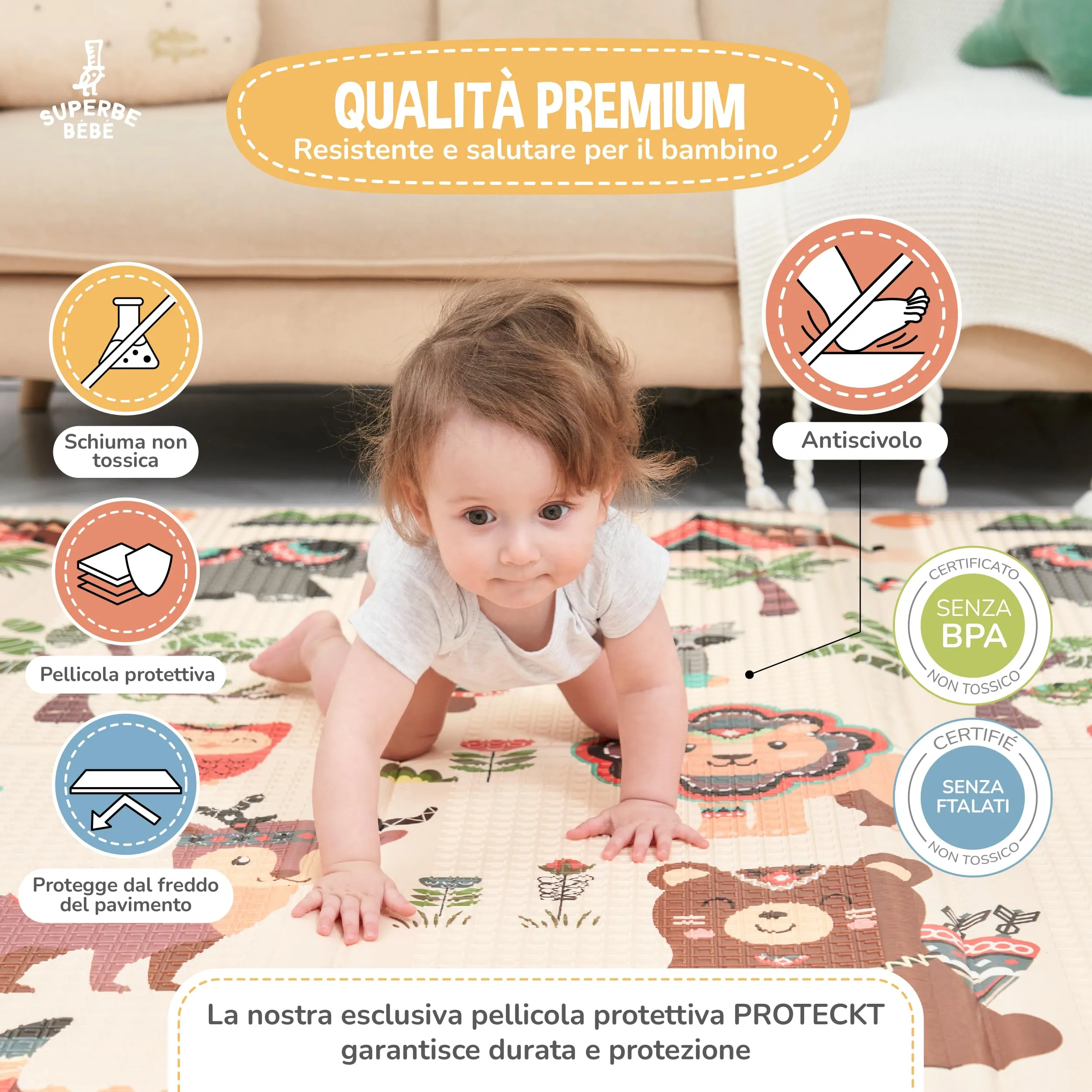 SUPERBE BEBE Tappeto Gioco Bambini Pieghevole 180x200x1.5cm Montessori Reversibile in Schiuma, Impermeabile e Non Tossico - immagine 5