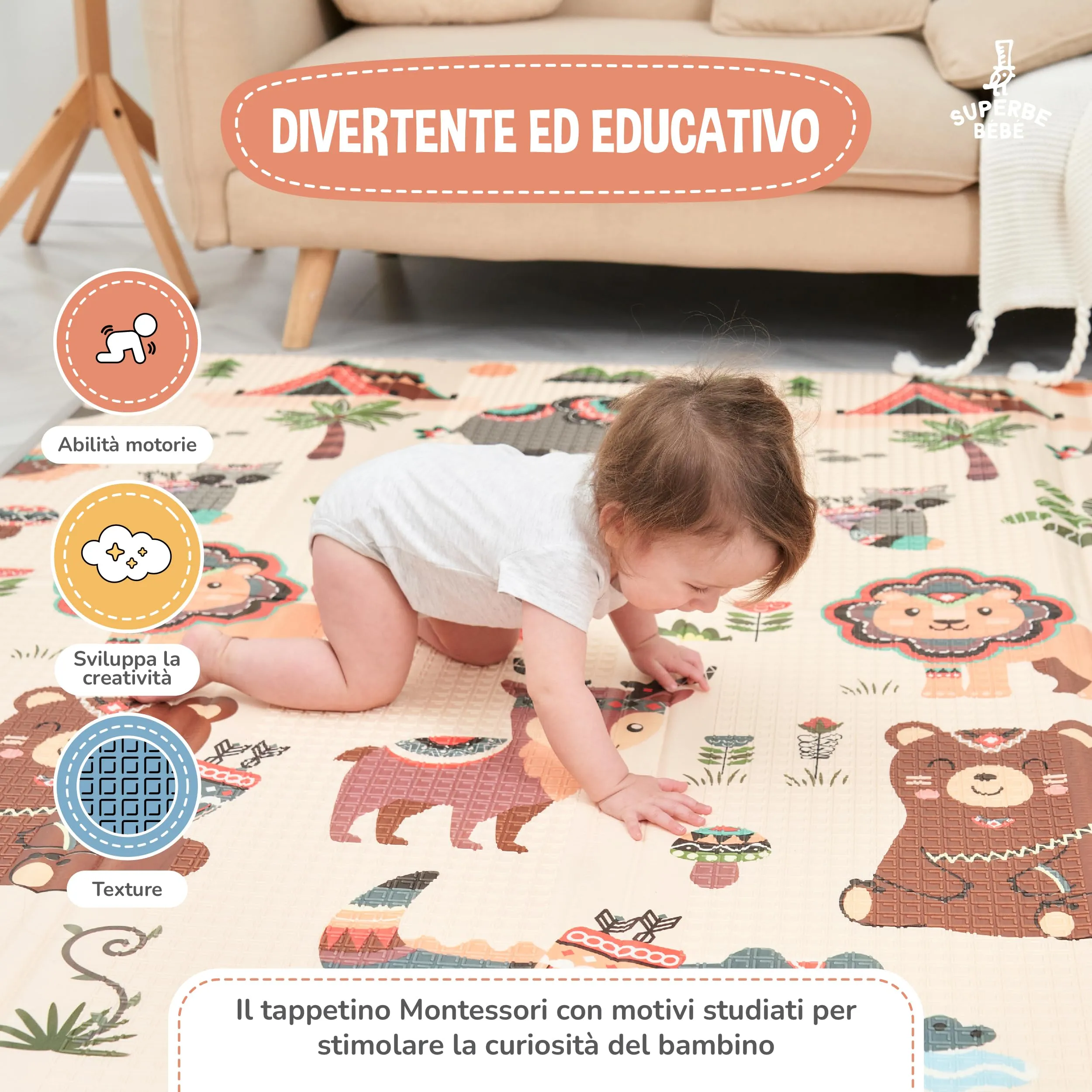 SUPERBE BEBE Tappeto Gioco Bambini Pieghevole 180x200x1.5cm Montessori Reversibile in Schiuma, Impermeabile e Non Tossico - immagine 6