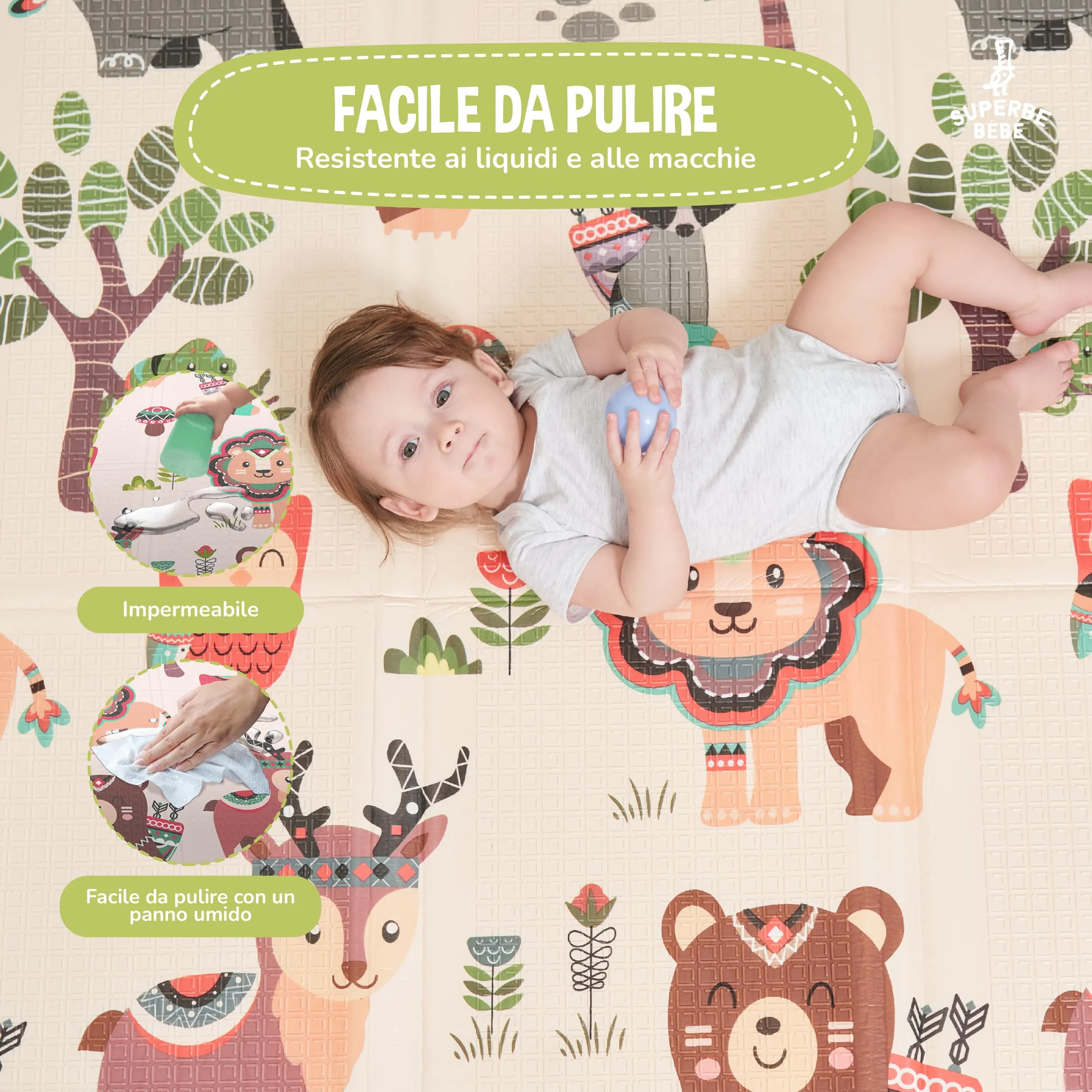 SUPERBE BEBE Tappeto Gioco Bambini Pieghevole 180x200x1.5cm Montessori Reversibile in Schiuma, Impermeabile e Non Tossico - immagine 8