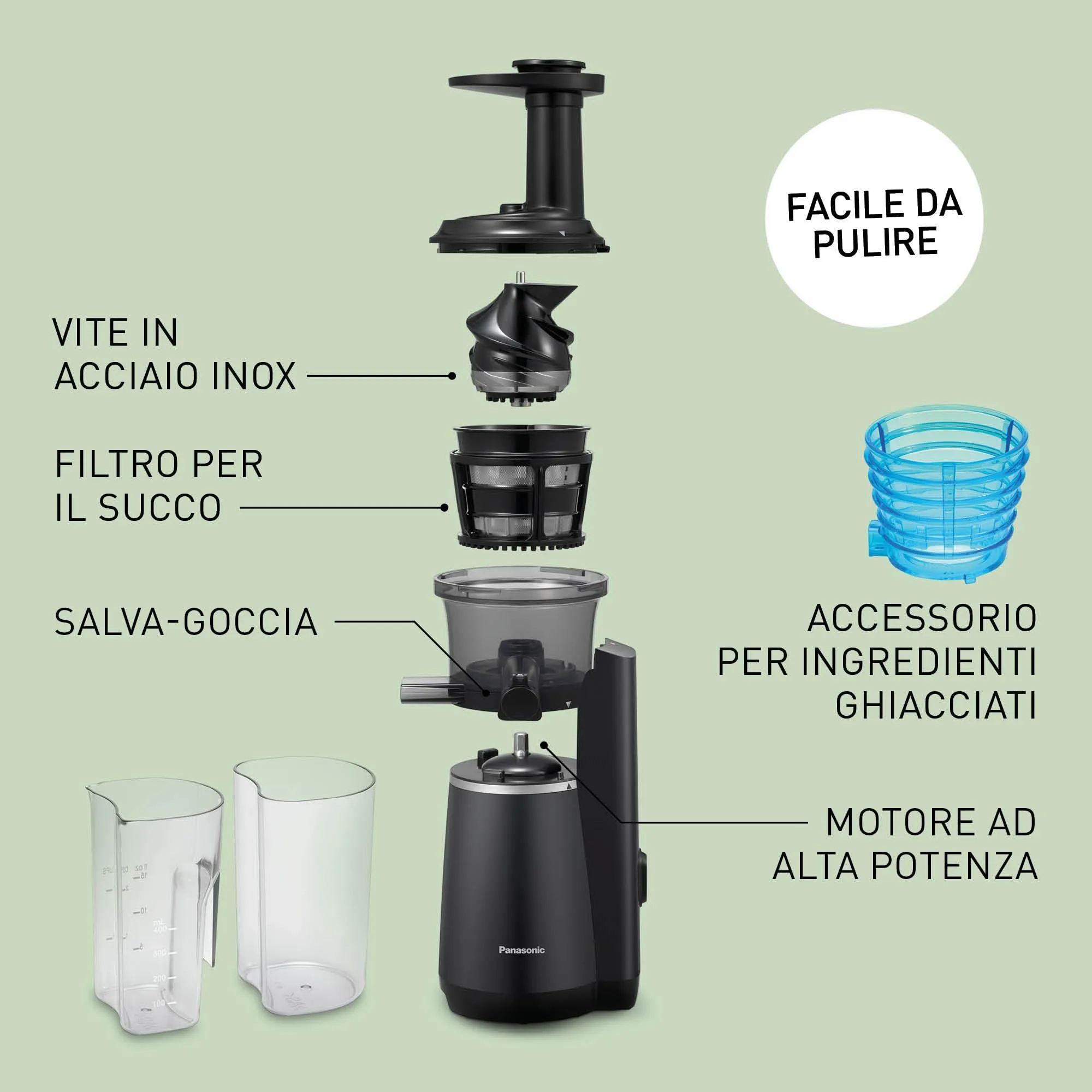 Panasonic Slow Juicer MJ-L501KXE, 150 W, Acciaio Inox e Plastica, Nero - immagine 4