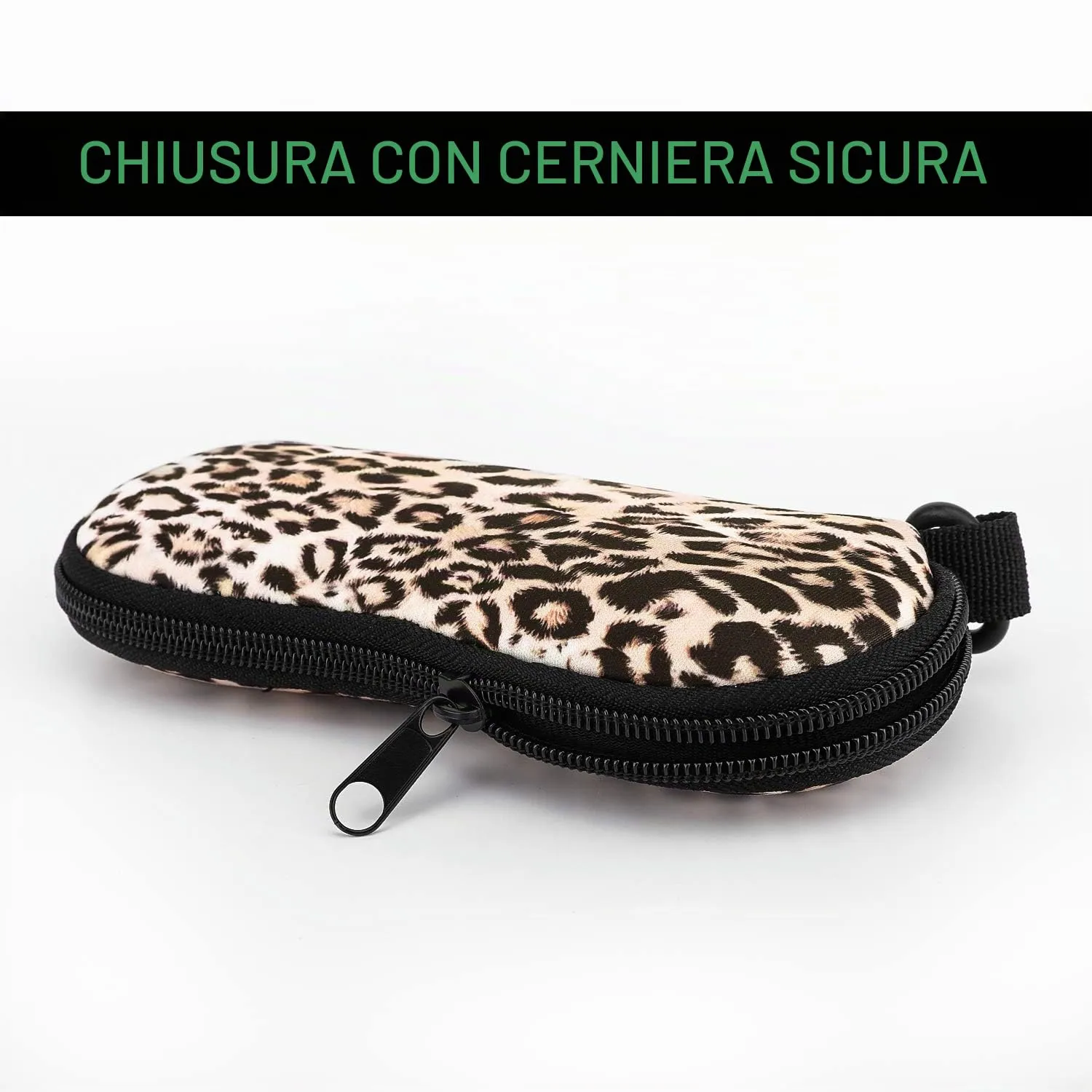 MoKo Custodia Morbida in Neoprene per Occhiali da Sole con Chiusura a Cerniera e Clip per Cintura - Leopardo - immagine 5