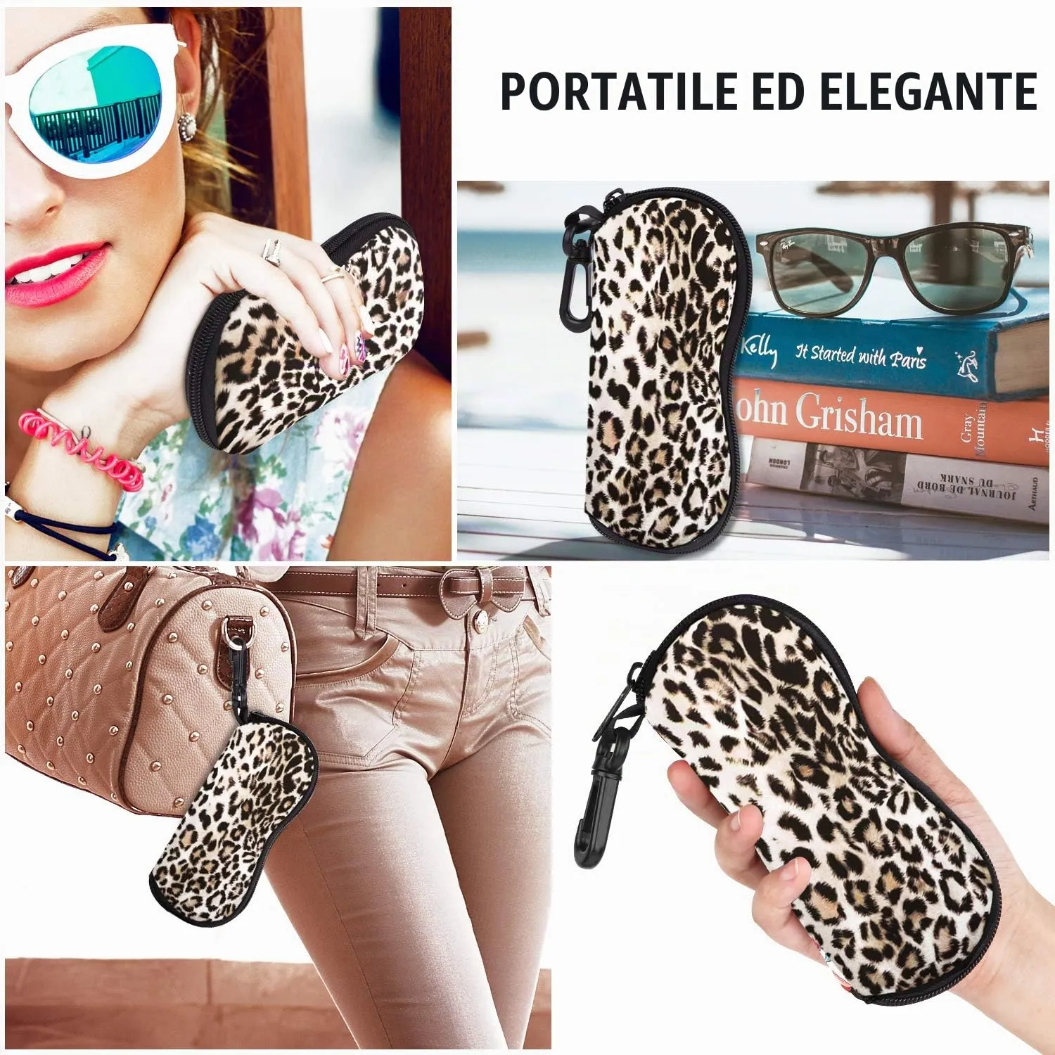 MoKo Custodia Morbida in Neoprene per Occhiali da Sole con Chiusura a Cerniera e Clip per Cintura - Leopardo - immagine 6