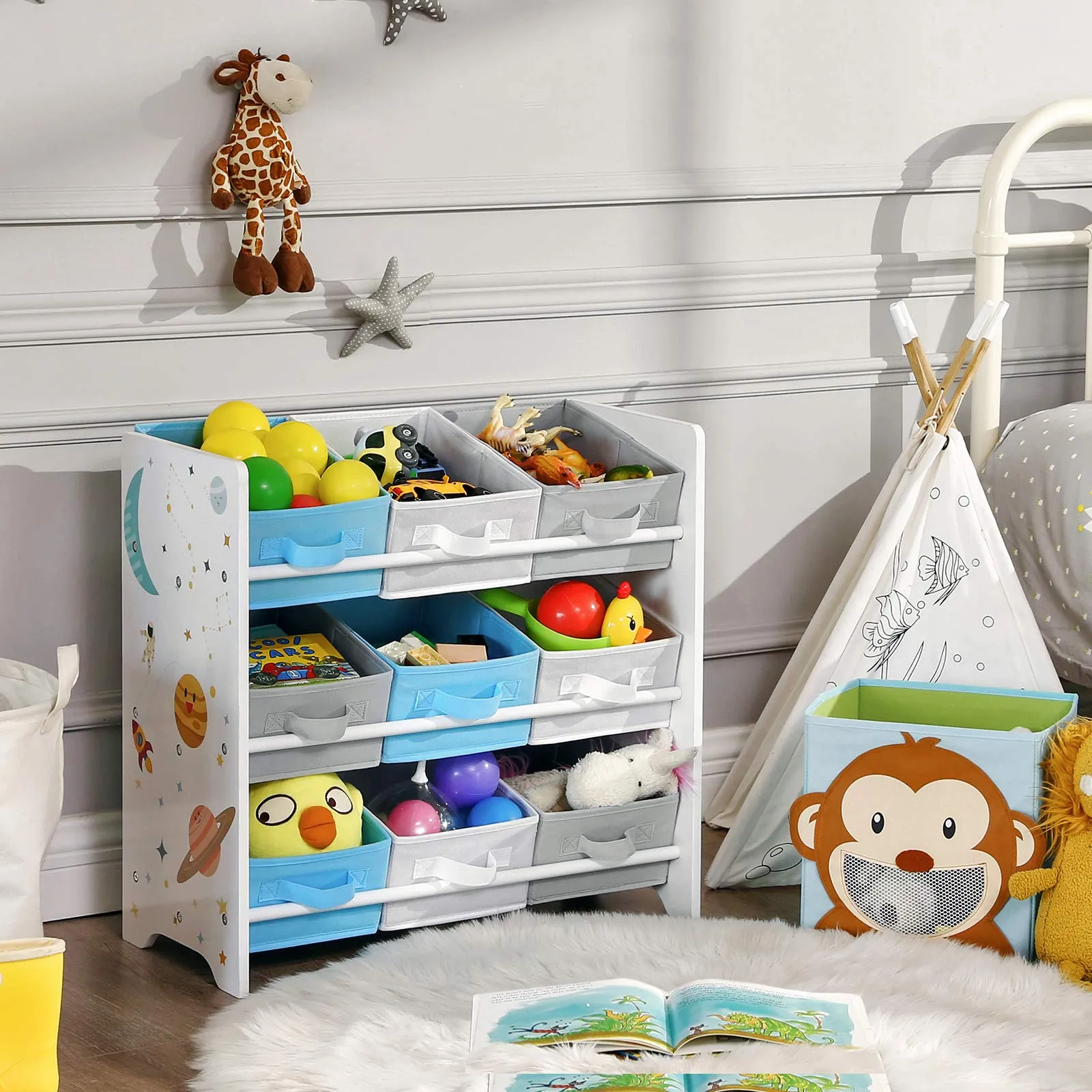 SONGMICS Scaffale Portaoggetti con 9 Scatole per Giocattoli e Libri, Motivi Spaziali, Bianco GKR33WT - immagine 2