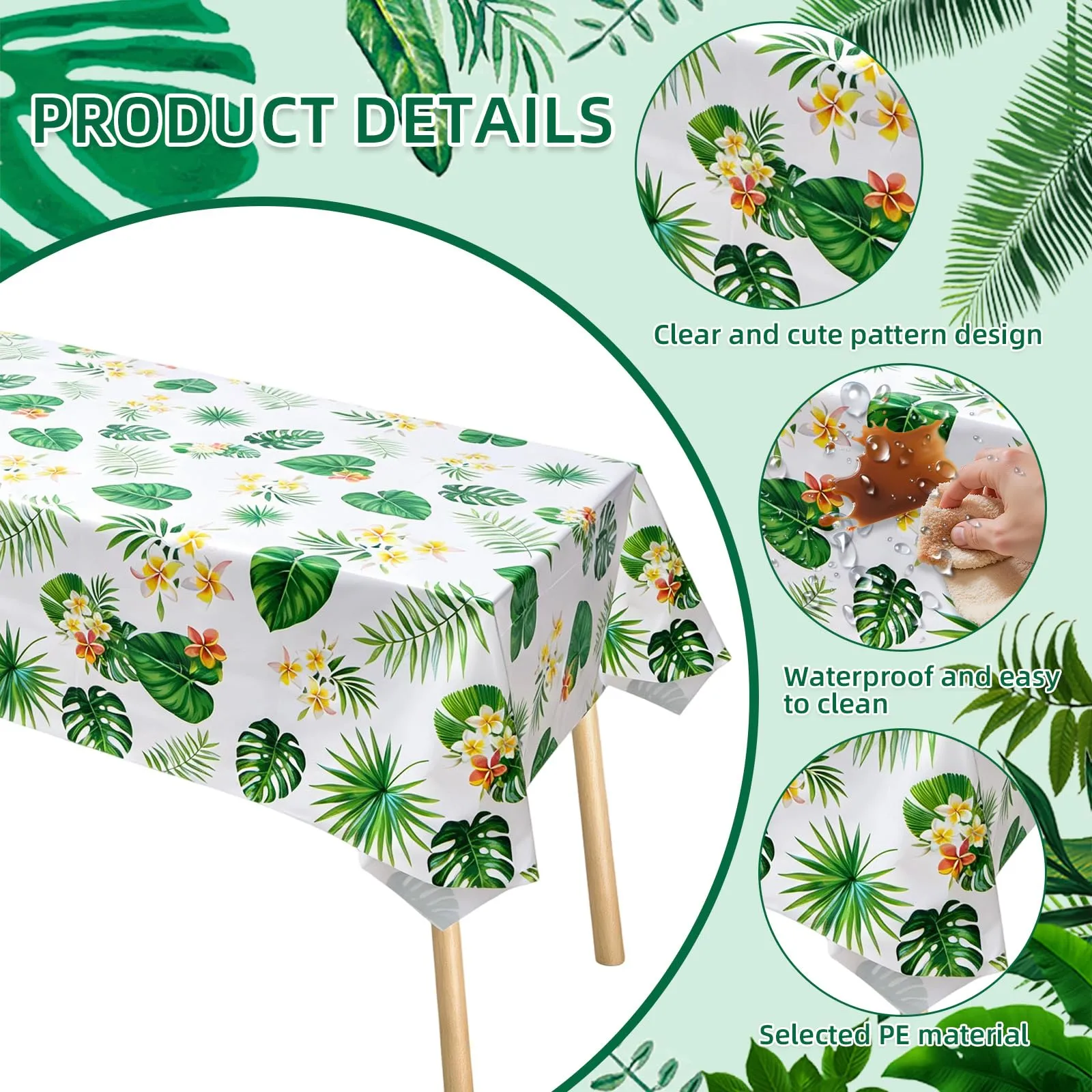 MIANRUII Tovaglie con foglie di palma tropicali, 220 x 130 cm, impermeabili, stile hawaiano, confezione da 2 pezzi, foglie verdi - immagine 3