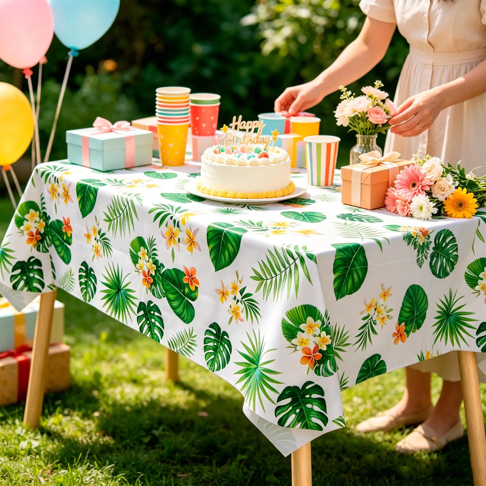 MIANRUII Tovaglie con foglie di palma tropicali, 220 x 130 cm, impermeabili, stile hawaiano, confezione da 2 pezzi, foglie verdi - immagine 5