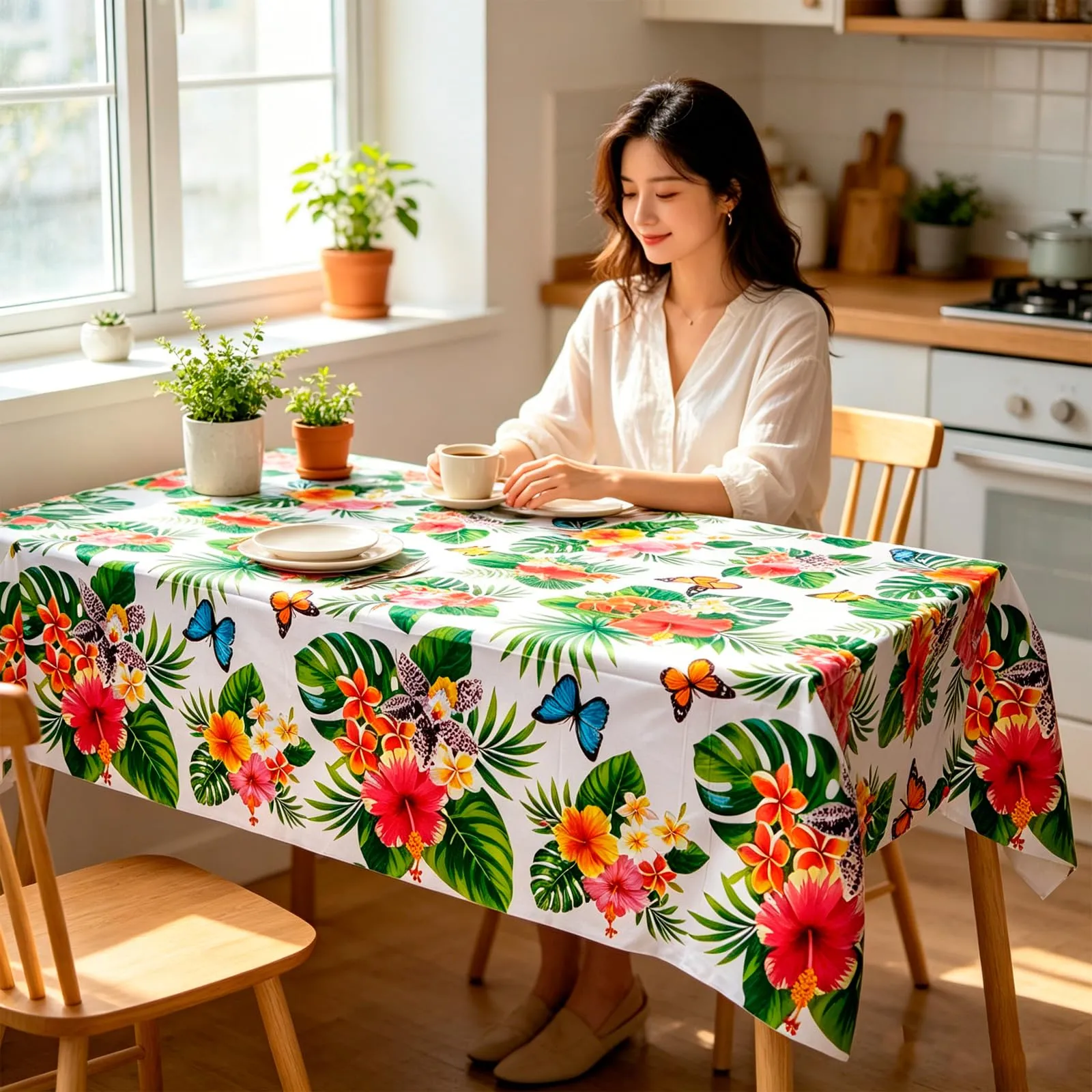 MIANRUII Set di 2 Tovaglie Impermeabili con Fiori Tropicali e Farfalle, 220 x 130 cm - immagine 6