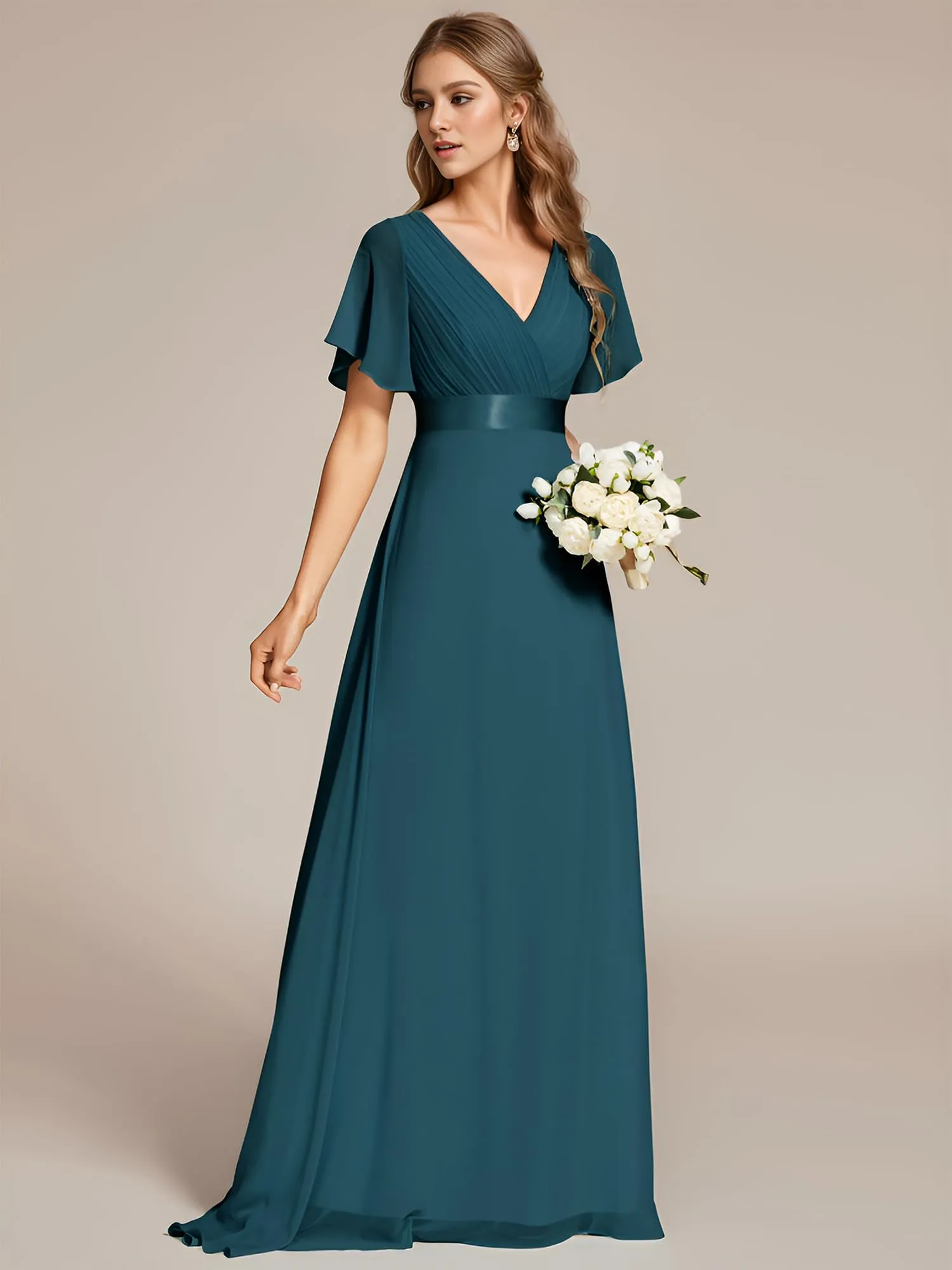 Ever-Pretty Abito da Cerimonia Donna Stile Impero Linea ad A Scollo a V Maniche Corte Lungo Teal 52 - immagine 5