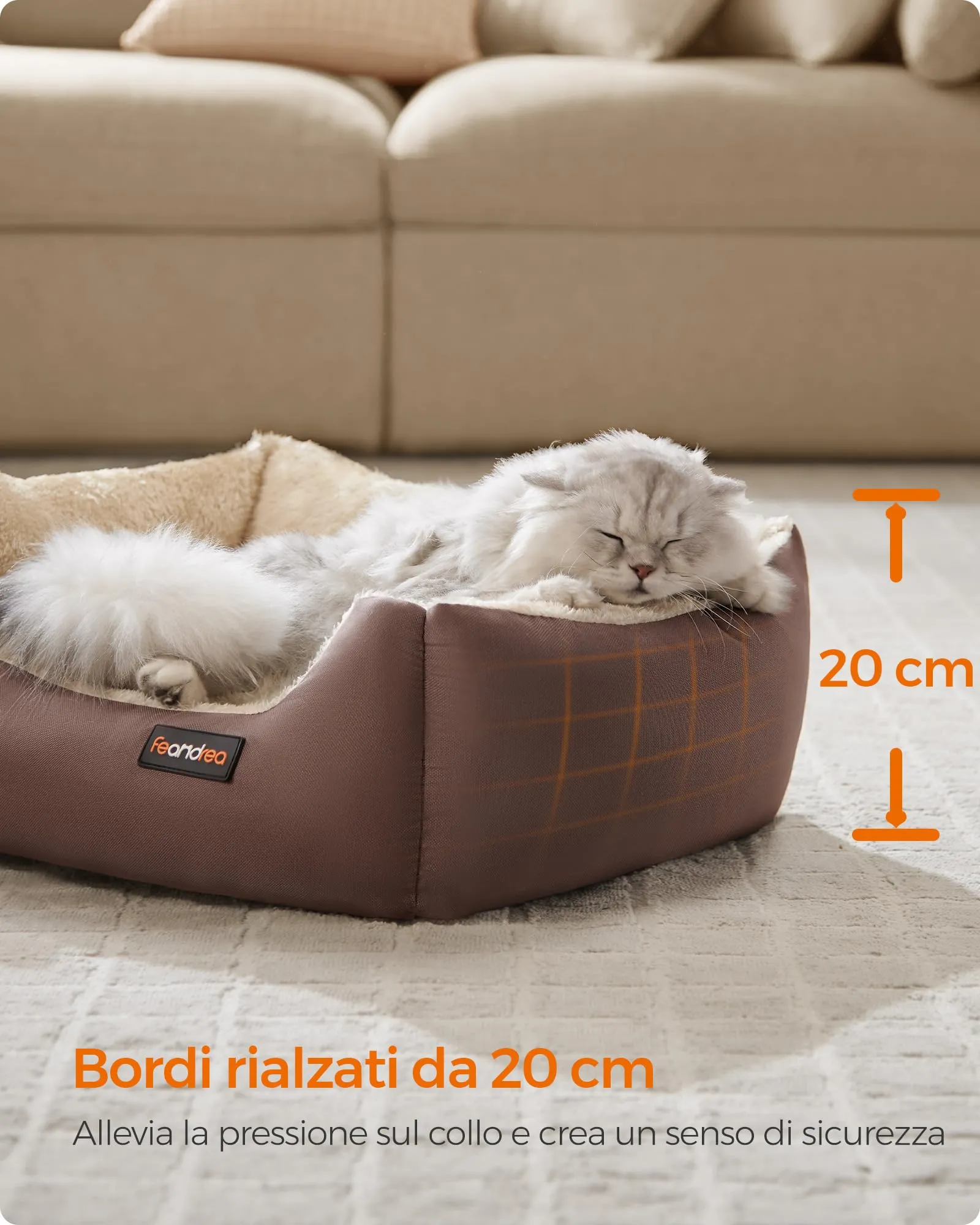 Feandrea Cuccia Cane Interno con Tappeto Rimovibile e Reversibile, 60 x 50 x 20 cm, Marrone Caffè + Beige Sabbia - immagine 3