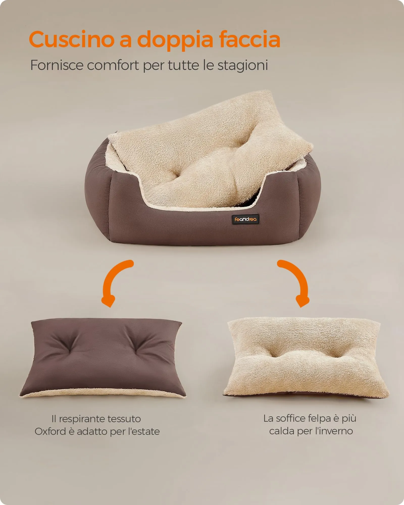 Feandrea Cuccia Cane Interno con Tappeto Rimovibile e Reversibile, 60 x 50 x 20 cm, Marrone Caffè + Beige Sabbia - immagine 5
