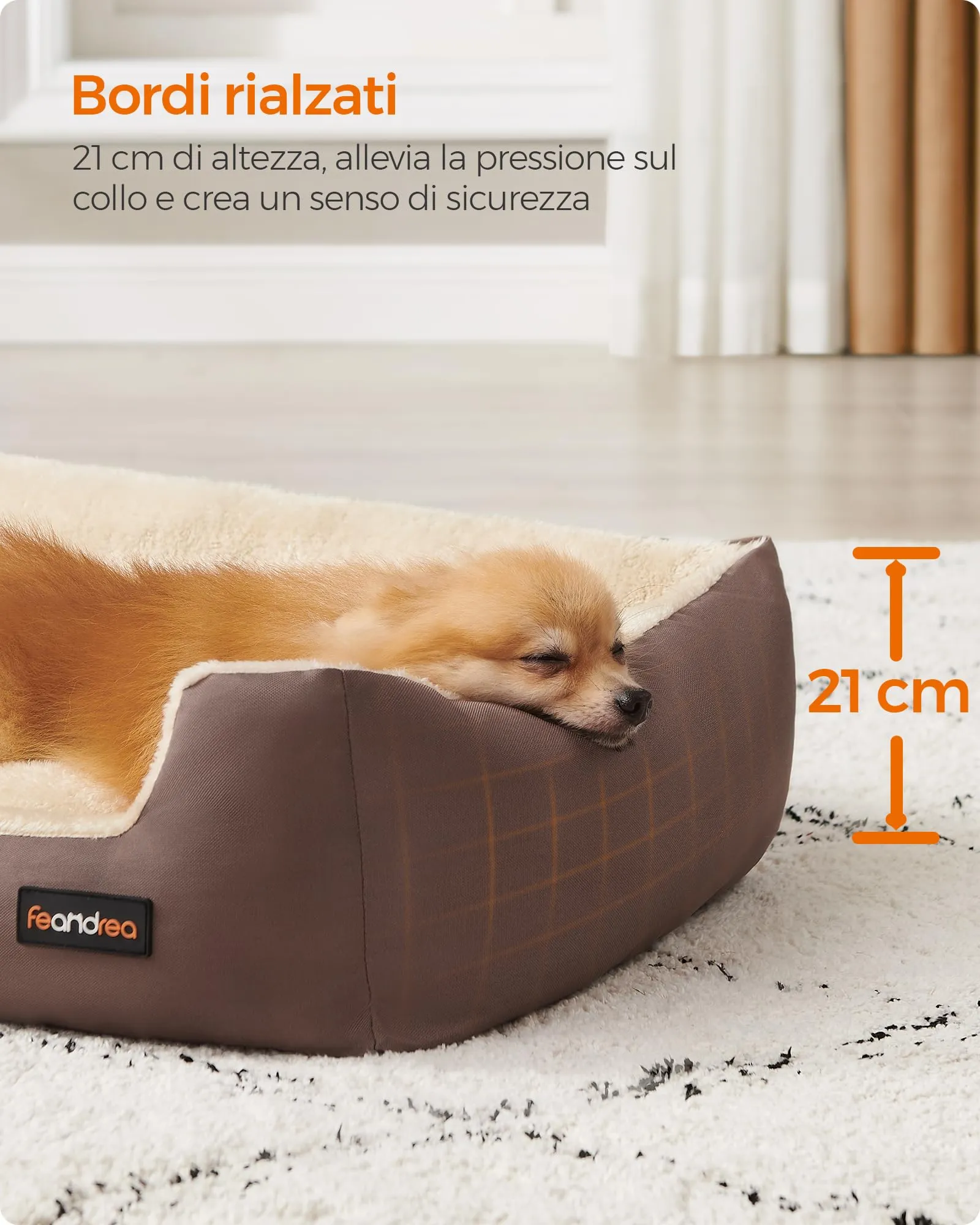 Feandrea Cuccia Cane Interno con Tappeto Rimovibile e Reversibile, 70 x 55 x 21 cm, Marrone Caffè + Beige Sabbia - immagine 4