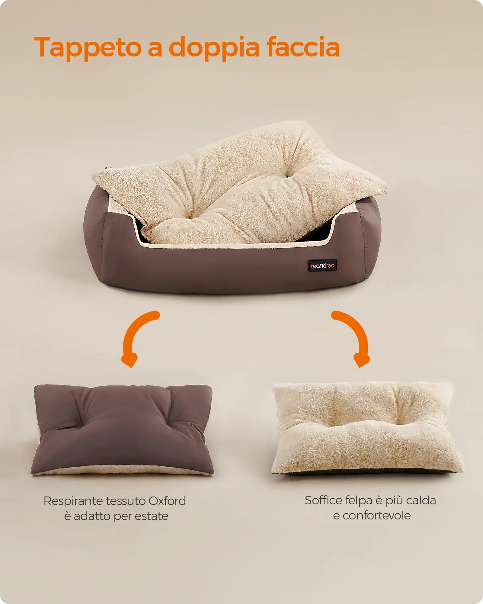 Feandrea Cuccia Cane Interno con Tappeto Rimovibile e Reversibile, 70 x 55 x 21 cm, Marrone Caffè + Beige Sabbia - immagine 6