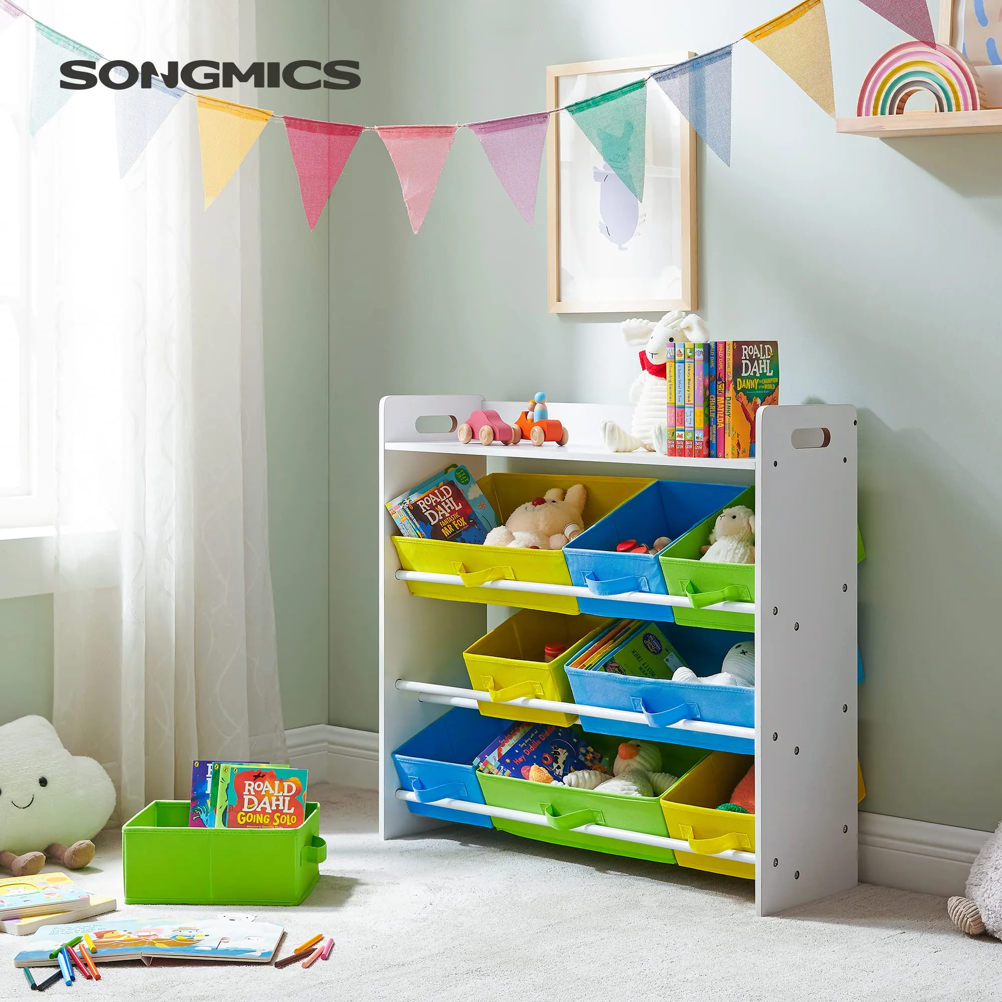 SONGMICS Scaffale per Giocattoli con 9 Contenitori di Tessuto, 86 x 26.5 x 78 cm, Bianco GKR31WT - immagine 2