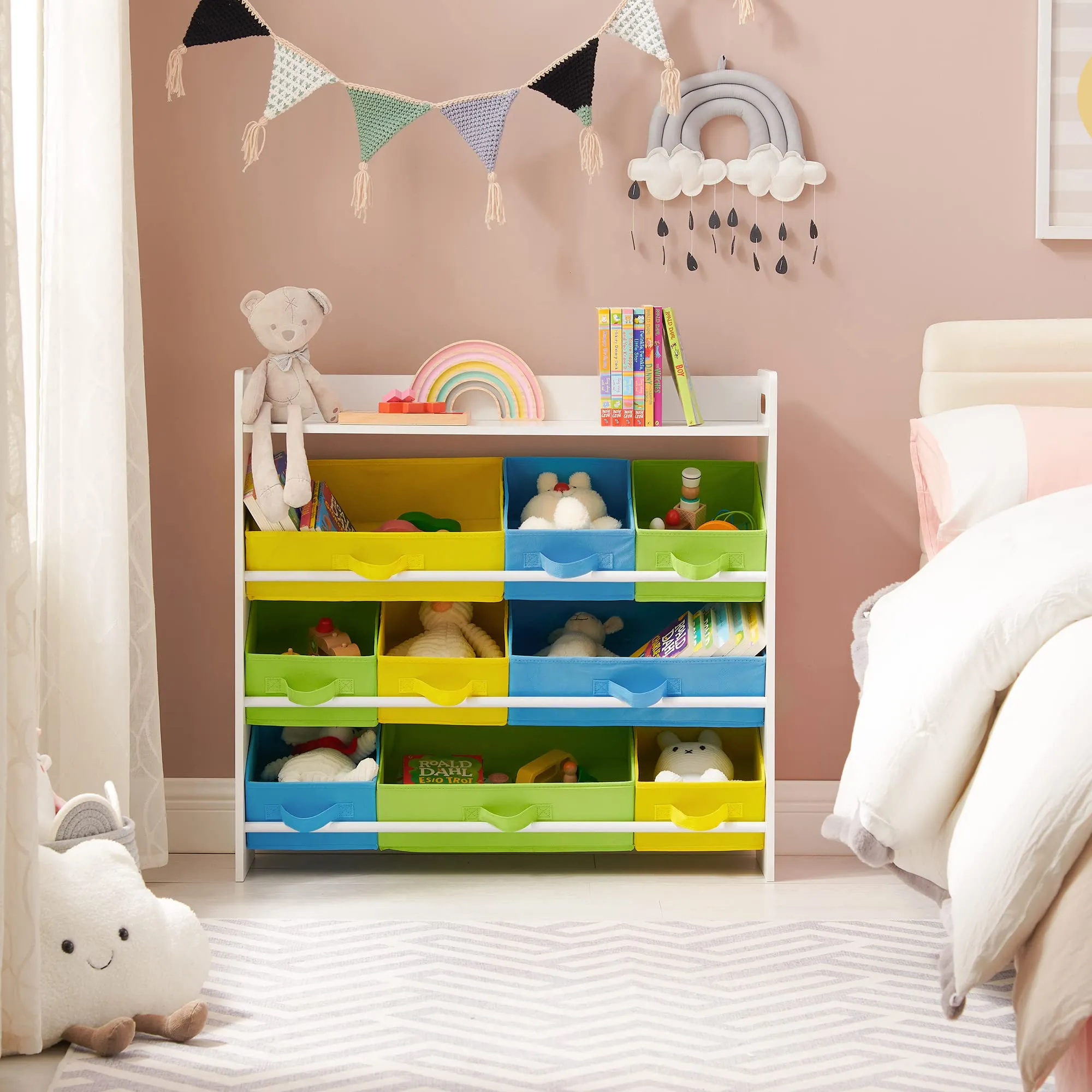 SONGMICS Scaffale per Giocattoli con 9 Contenitori di Tessuto, 86 x 26.5 x 78 cm, Bianco GKR31WT - immagine 7