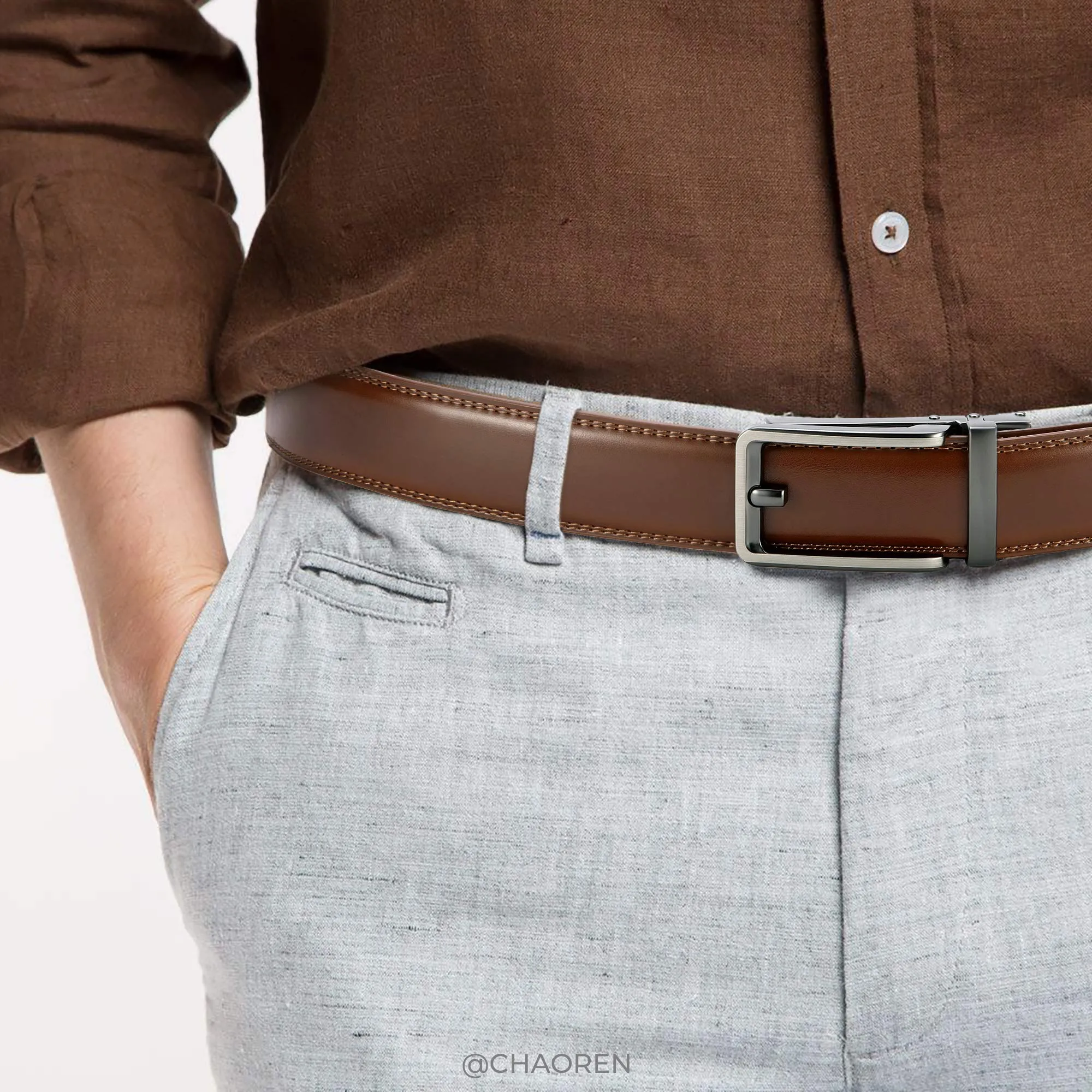 CHAOREN Cintura Uomo in Vera Pelle con Fibbia a Cricchetto Automatica, 35mm - immagine 2