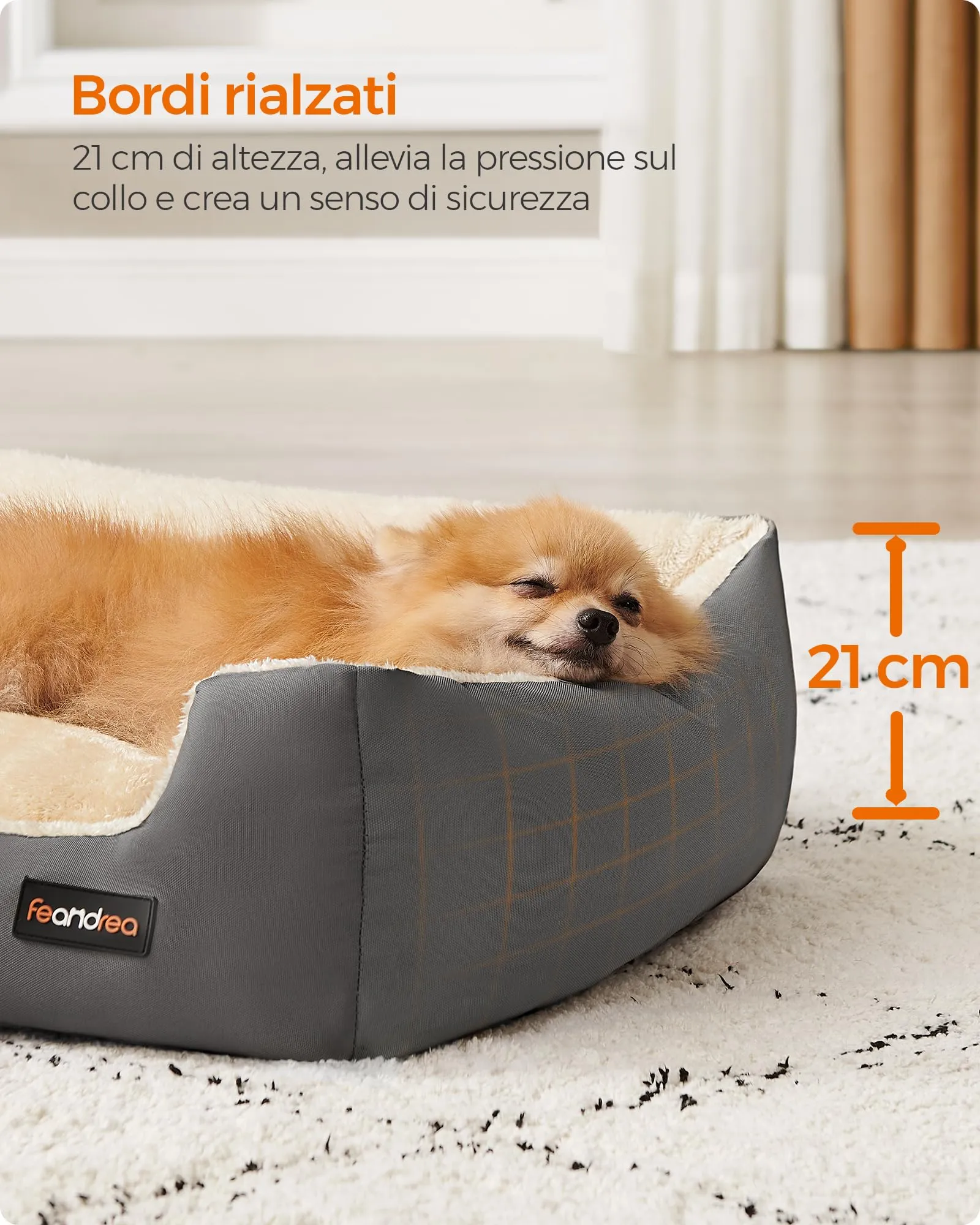 Feandrea Cuccia Cane Interno con Tappeto Rimovibile e Reversibile, 85 x 65 x 21 cm, Grigio Tortora + Beige Sabbia - immagine 4