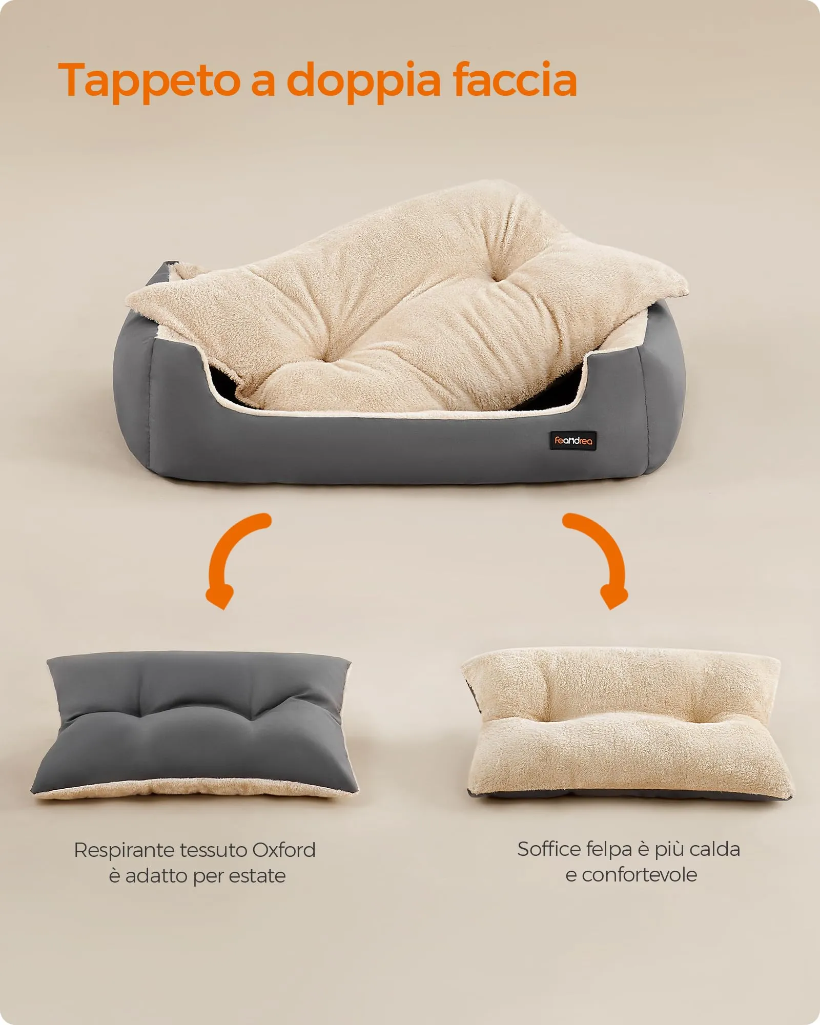 Feandrea Cuccia Cane Interno con Tappeto Rimovibile e Reversibile, 85 x 65 x 21 cm, Grigio Tortora + Beige Sabbia - immagine 6