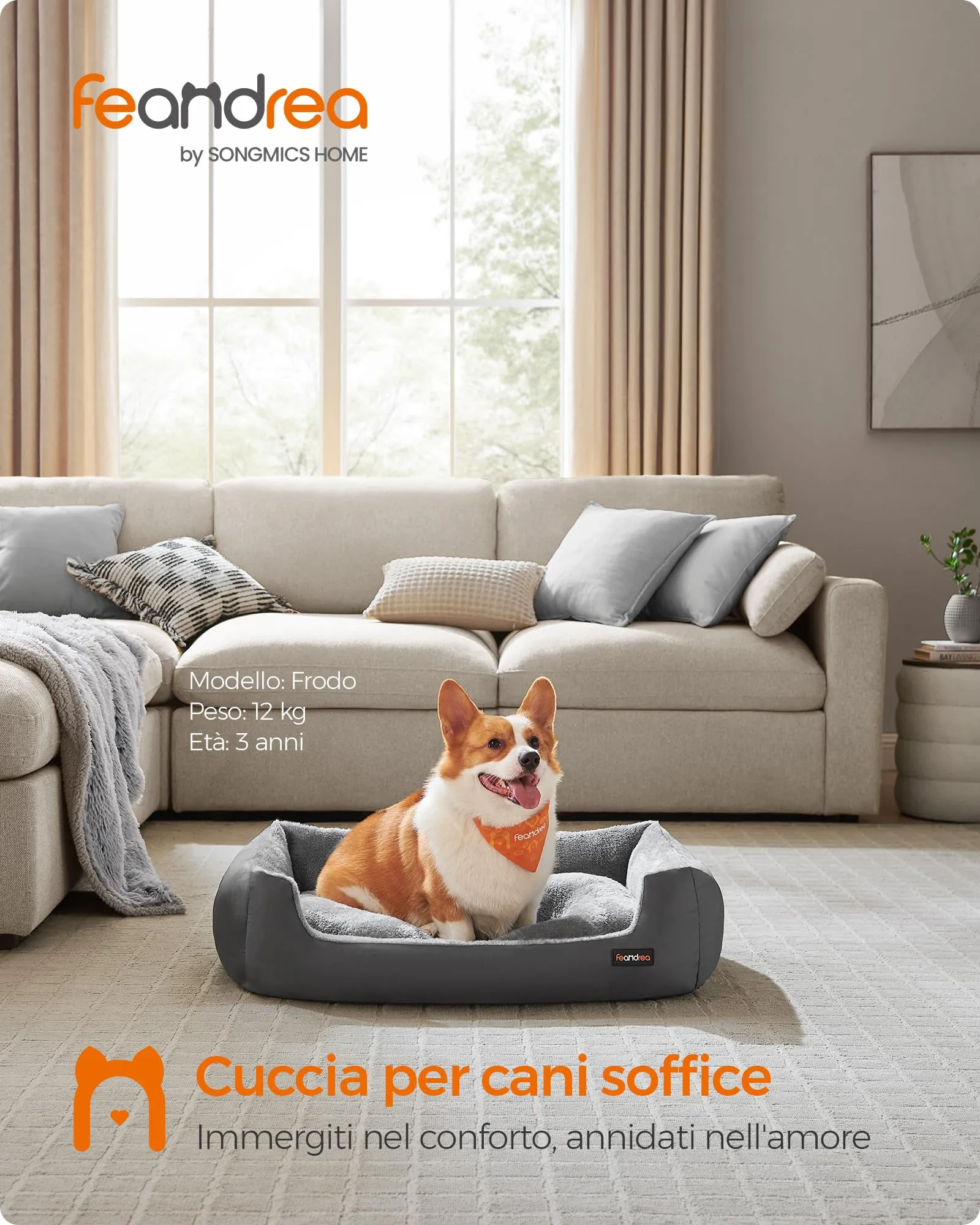 Feandrea Cuccia Cane Interno con Tappeto Rimovibile e Reversibile, 85 x 65 x 21 cm, Grigio Ardesia + Grigio Tortora - immagine 3