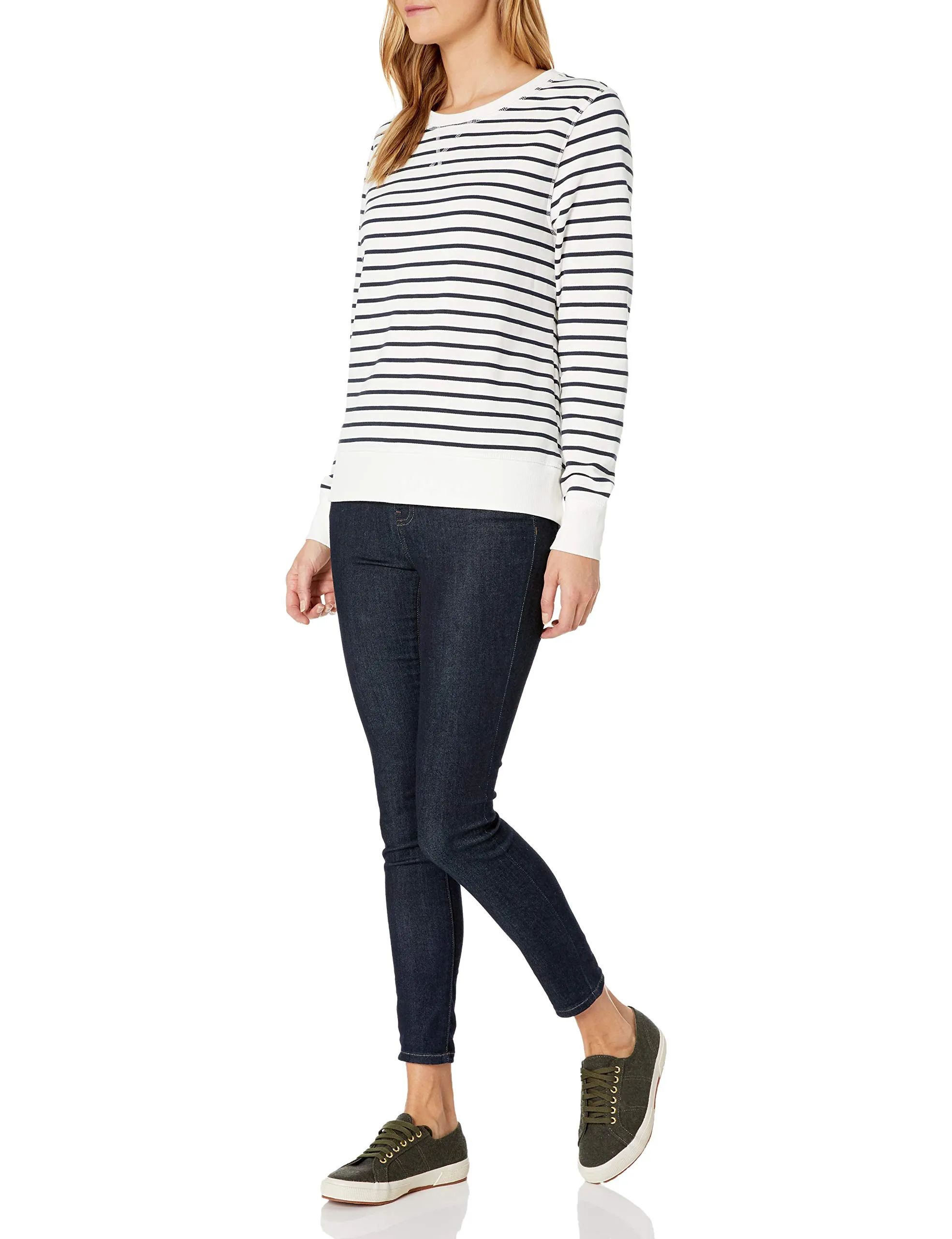 Amazon Essentials Felpa in Pile Girocollo Donna, Blu Marino Bianco Righe Orizzontali, L - immagine 4