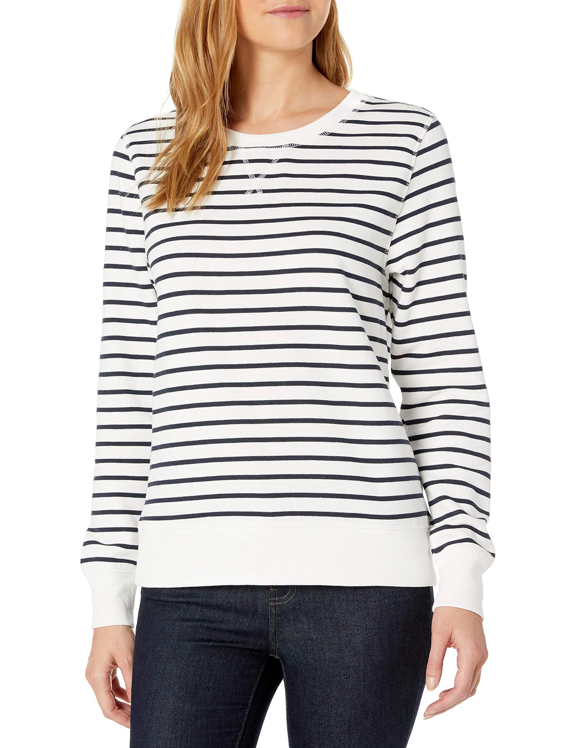 Amazon Essentials Felpa in Pile Girocollo Donna, Blu Marino Bianco Righe Orizzontali, S - immagine 1