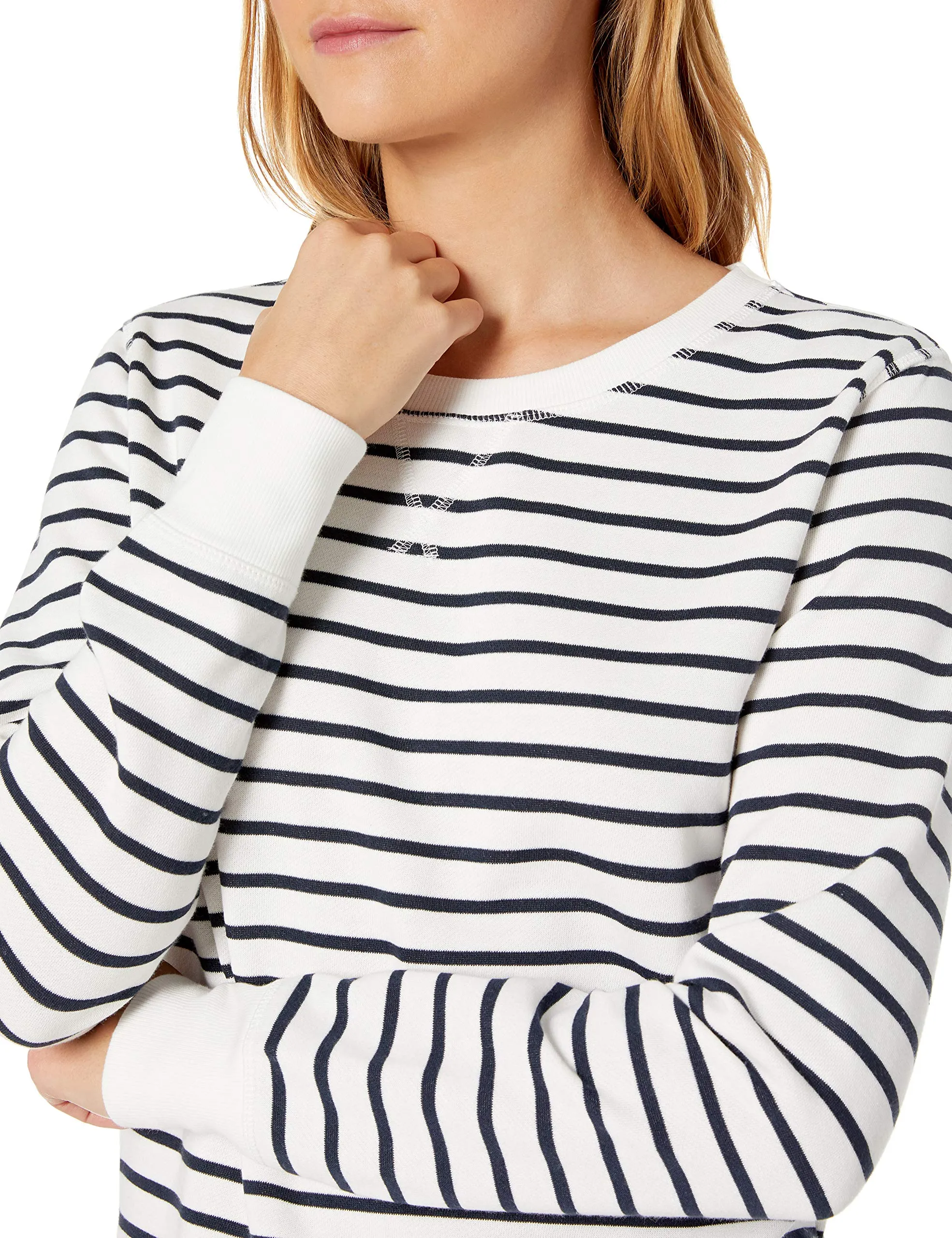 Amazon Essentials Felpa girocollo da donna in pile spugna francese, blu navy bianco a righe orizzontali, M - immagine 3