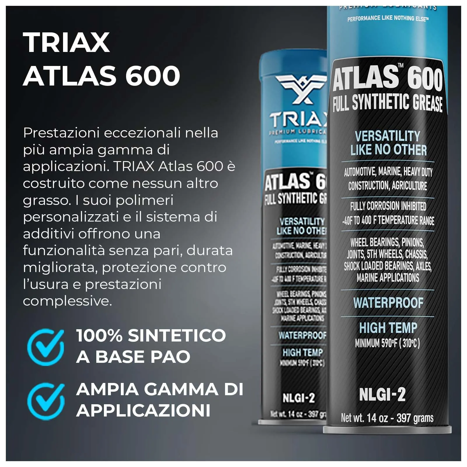 Triax Atlas 600 Grasso Sintetico Blu NLGI 2 (10 cartucce da 400 g) - immagine 2