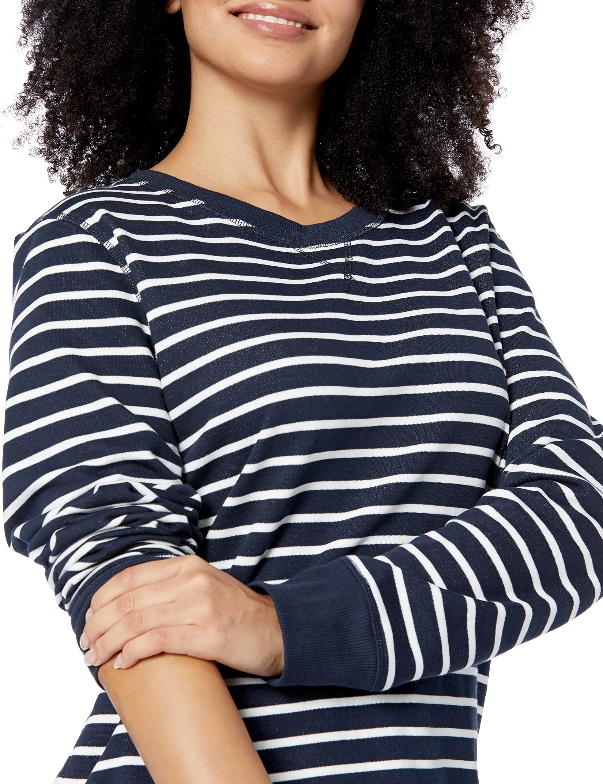 Amazon Essentials Felpa in Pile Girocollo Donna, Blu Marino Bianco Righe, M - immagine 3