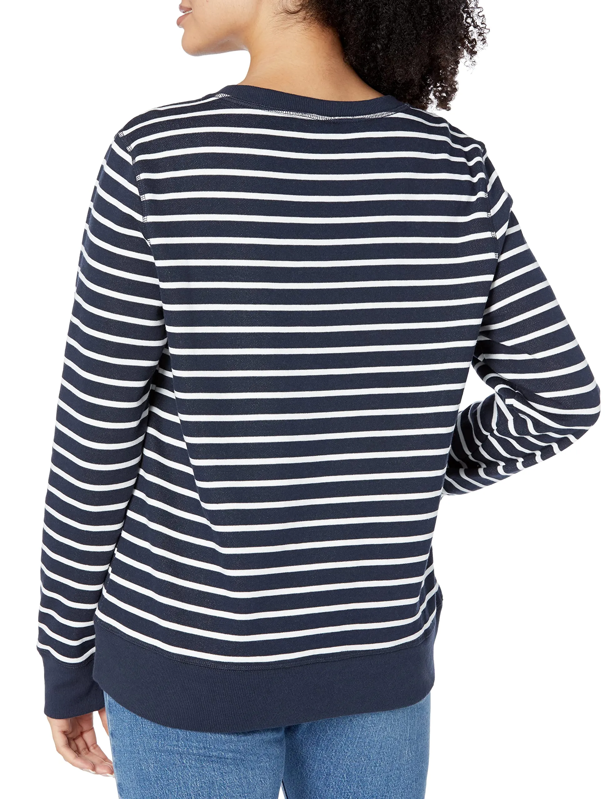 Amazon Essentials Felpa girocollo in pile di spugna francese da donna, blu navy bianco a righe, XS - immagine 2