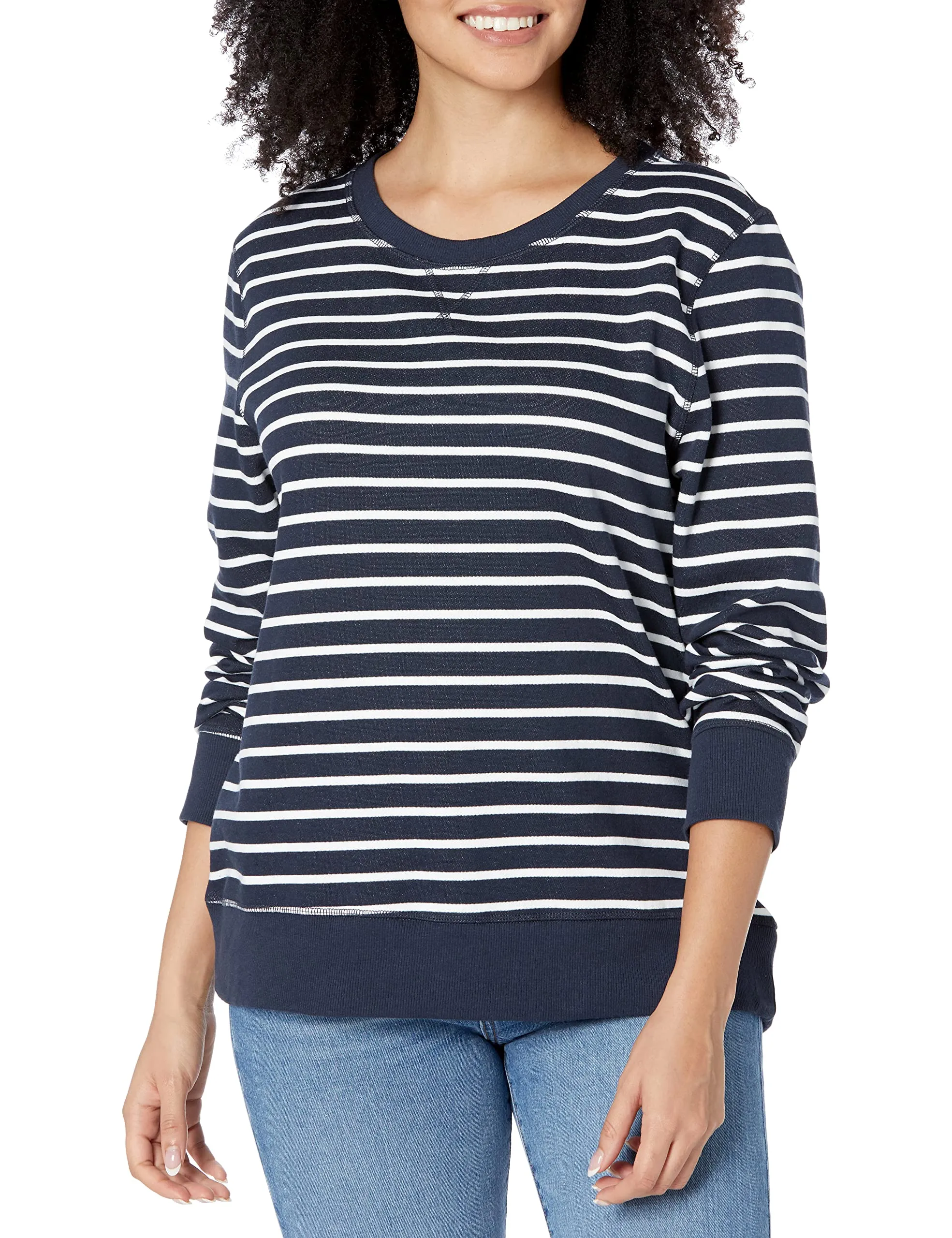Amazon Essentials Felpa Girocollo Donna in Pile di Spugna Francese, Blu Navy Bianco a Righe, XXL - immagine 1