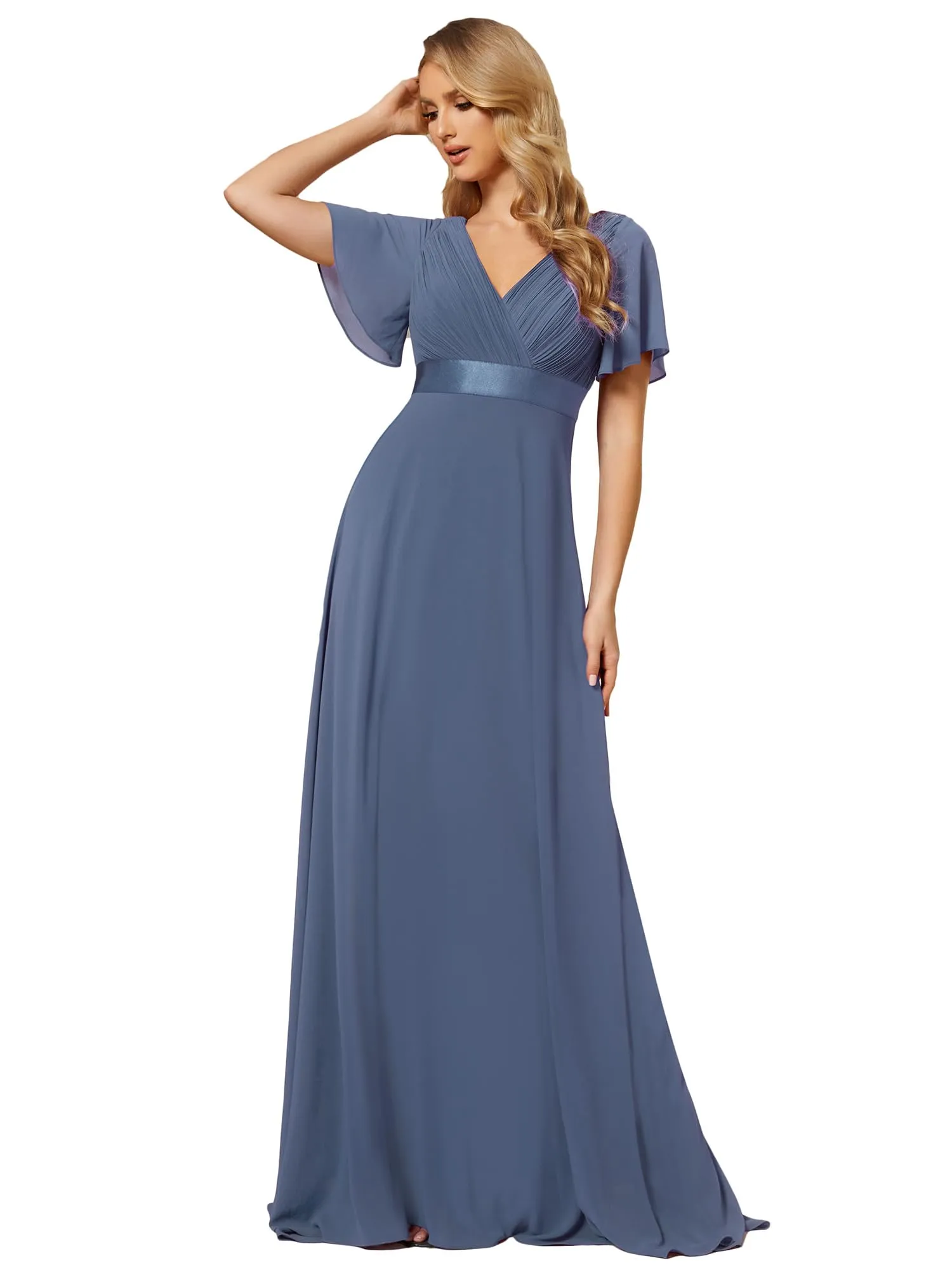 Ever-Pretty Vestito da Cerimonia Donna Stile Impero Linea ad A Scollo a V Maniche Corte Lungo Dusty Navy 38 - immagine 1