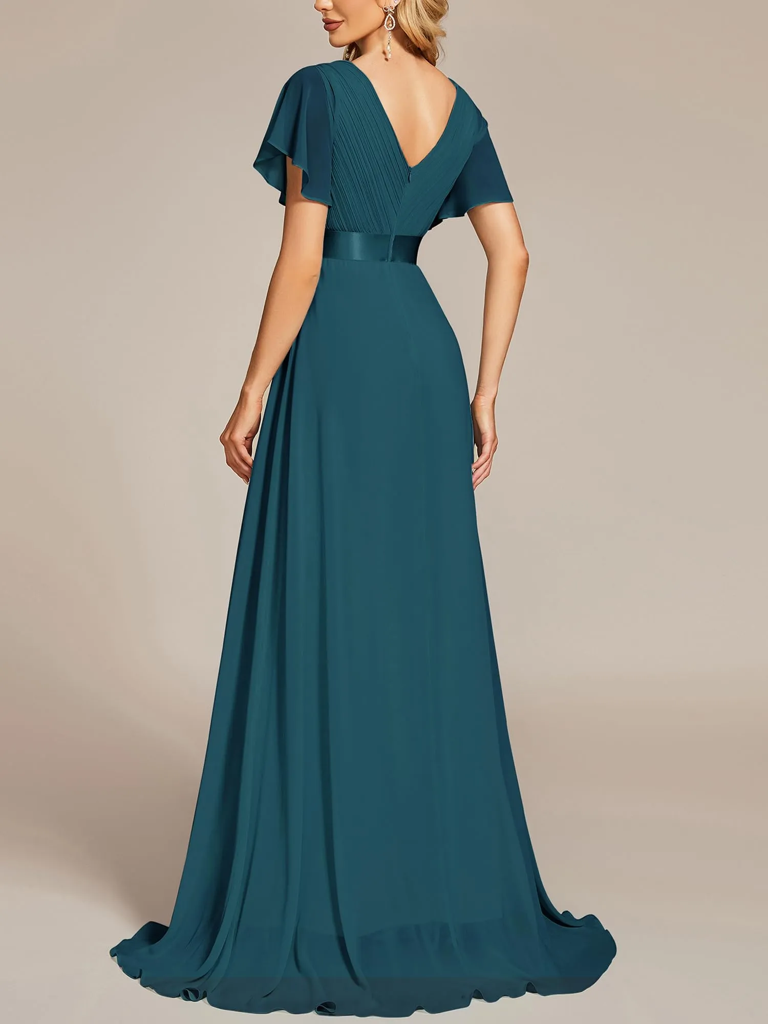 Ever-Pretty Abito da Cerimonia Donna Stile Impero Linea ad A Scollo a V Maniche Corte Lungo Teal 50 - immagine 2