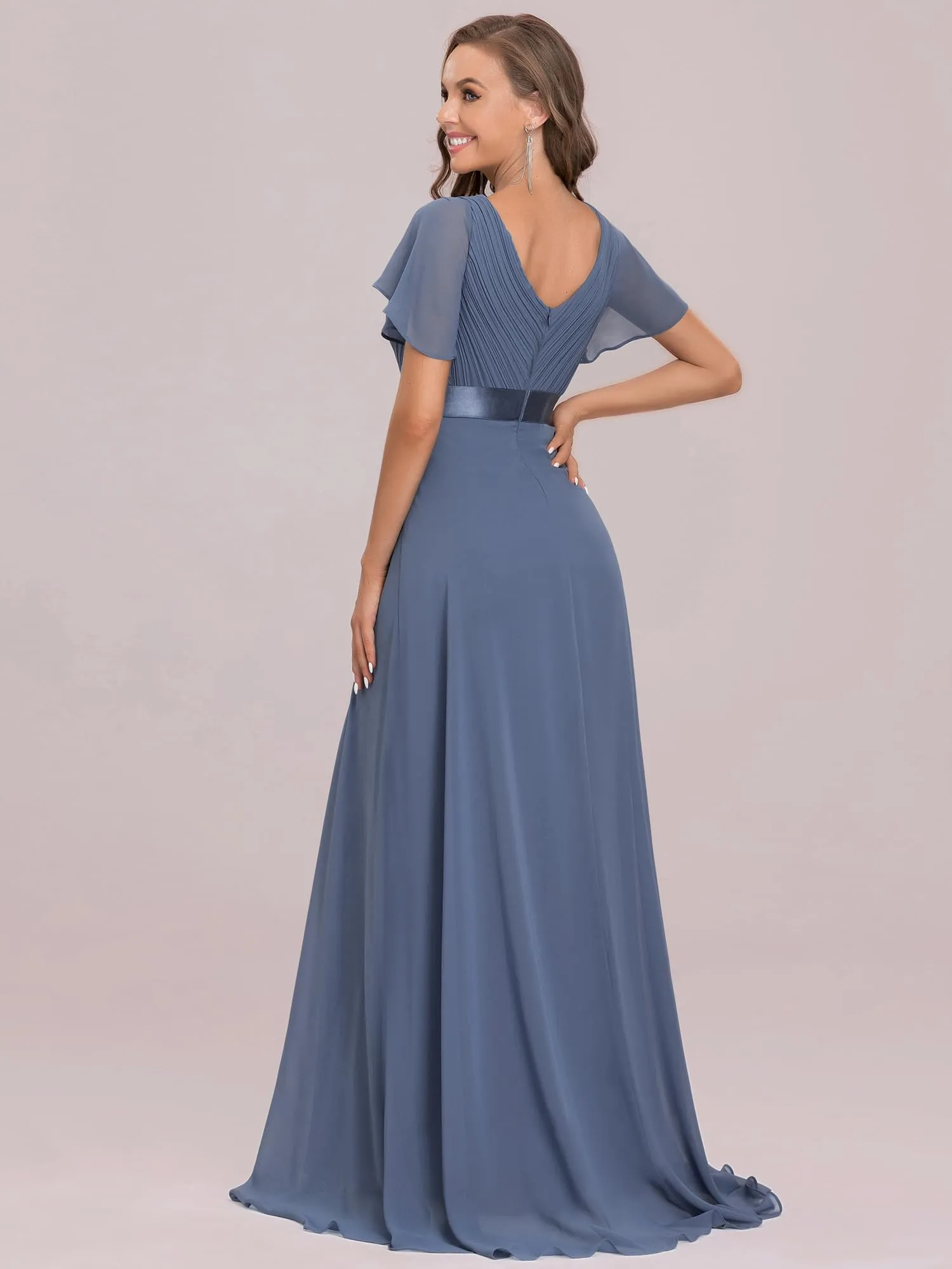 Ever-Pretty Vestito da Cerimonia Donna Stile Impero Linea ad A Scollo a V Maniche Corte Lungo Dusty Navy 42 - immagine 2