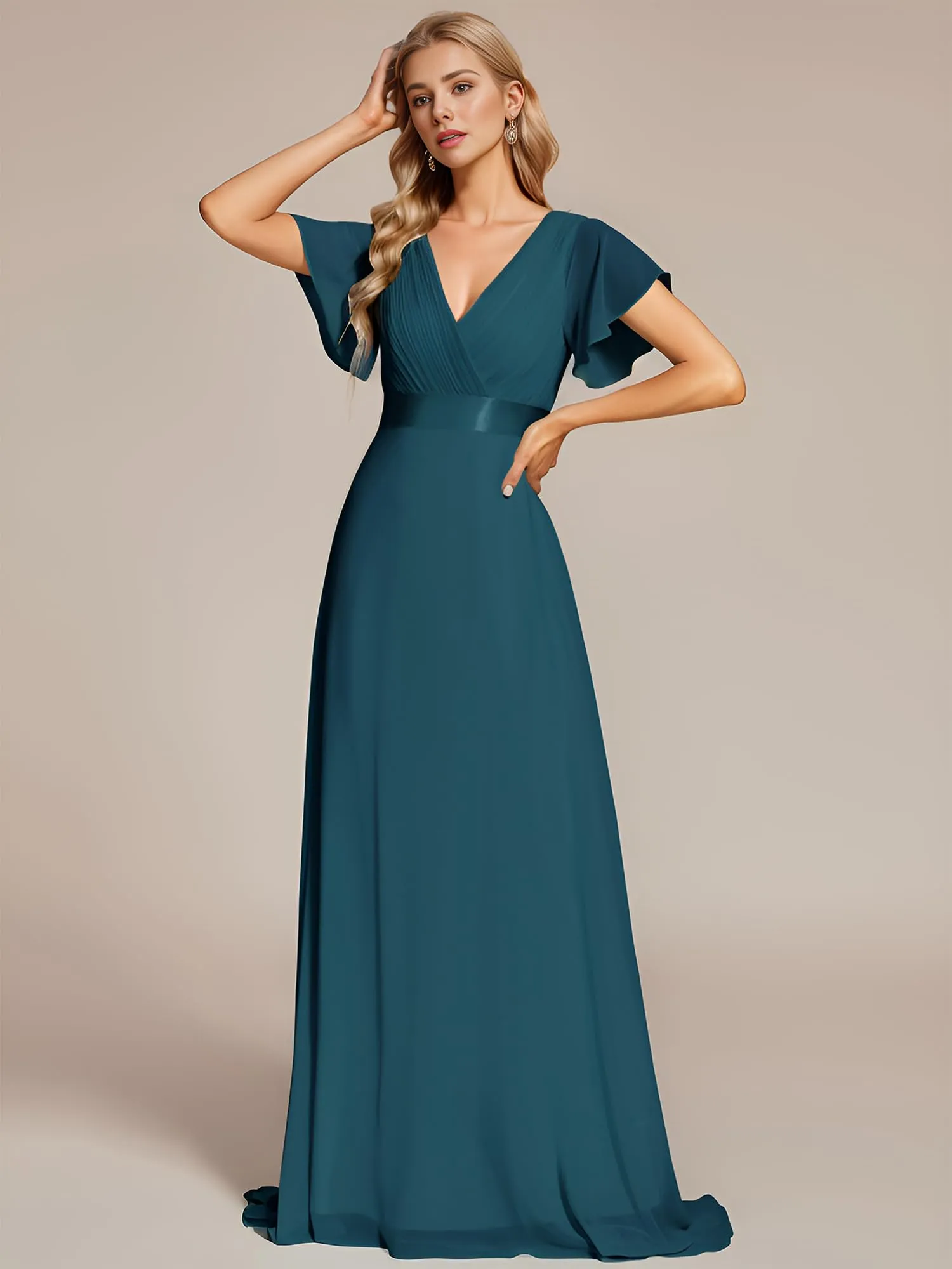 Ever-Pretty Abito da Cerimonia Donna Stile Impero Linea ad A Scollo a V Maniche Corte Lungo Teal 38 - immagine 6