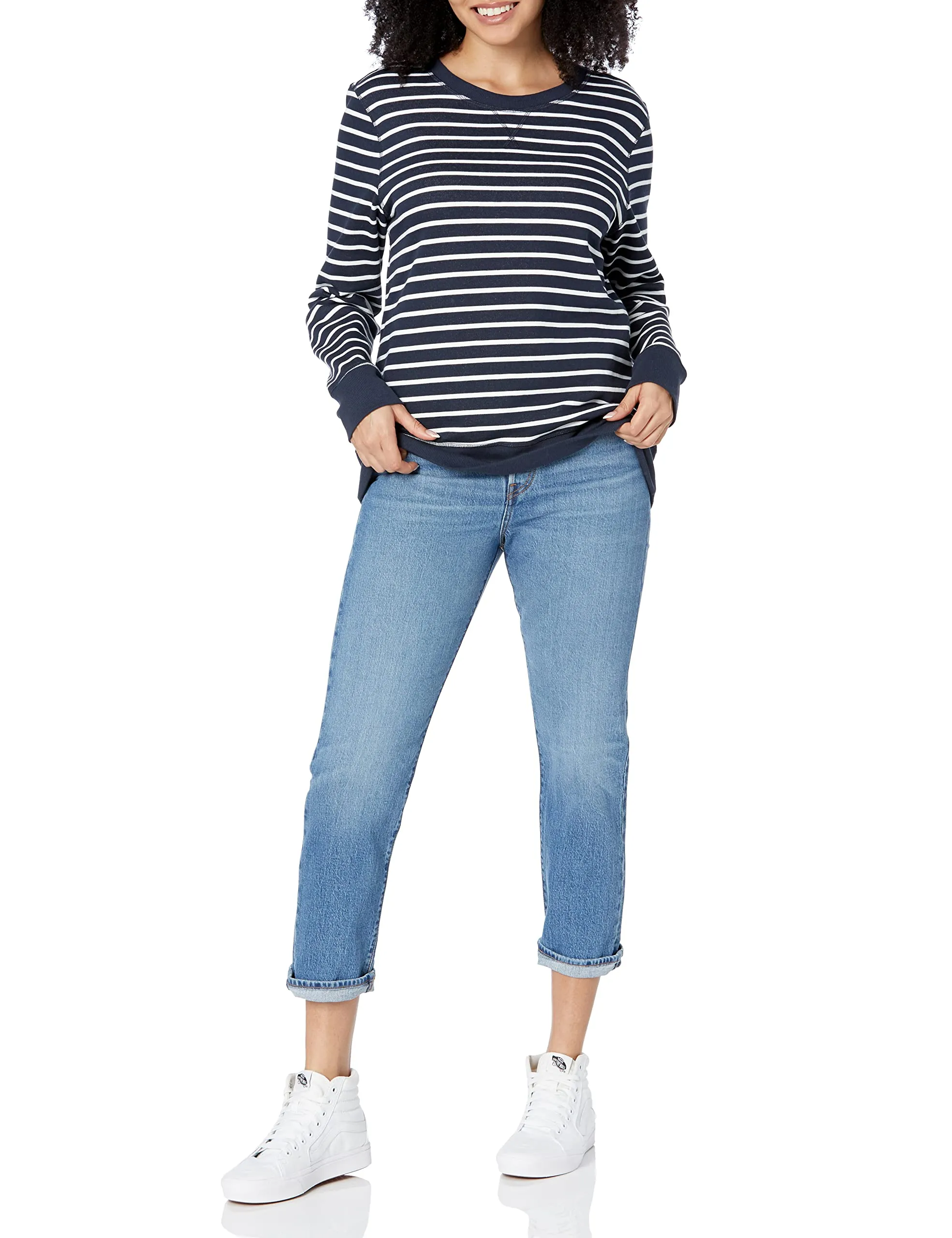 Amazon Essentials Felpa girocollo da donna in pile di spugna francese, blu navy bianco a righe, XL - immagine 4