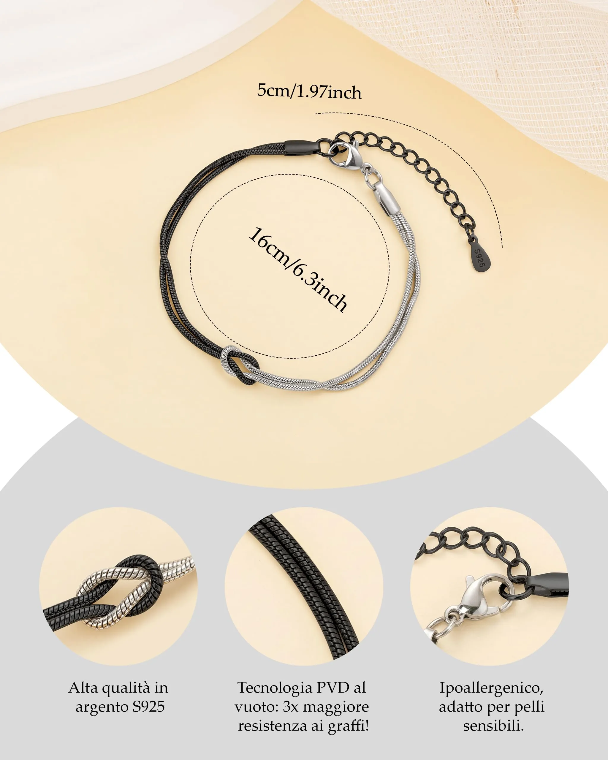 J.Fée Bracciale Amicizia e Coppia in Argento 925 Nodo d'Amore, Nero Argentato, 21cm - immagine 5