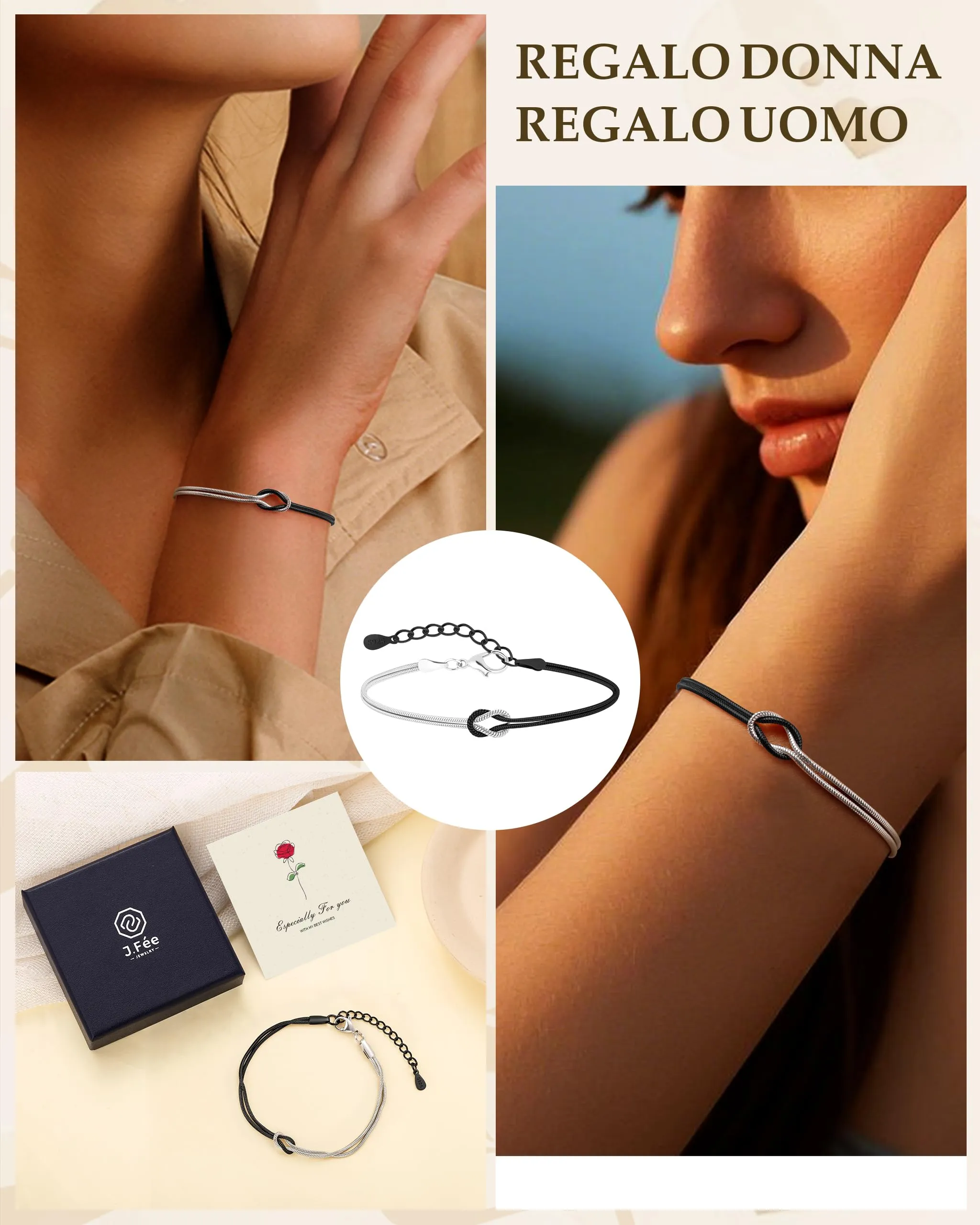 J.Fée Bracciale Amicizia e Coppia in Argento 925 Nodo d'Amore, Nero Argentato, 21cm - immagine 6