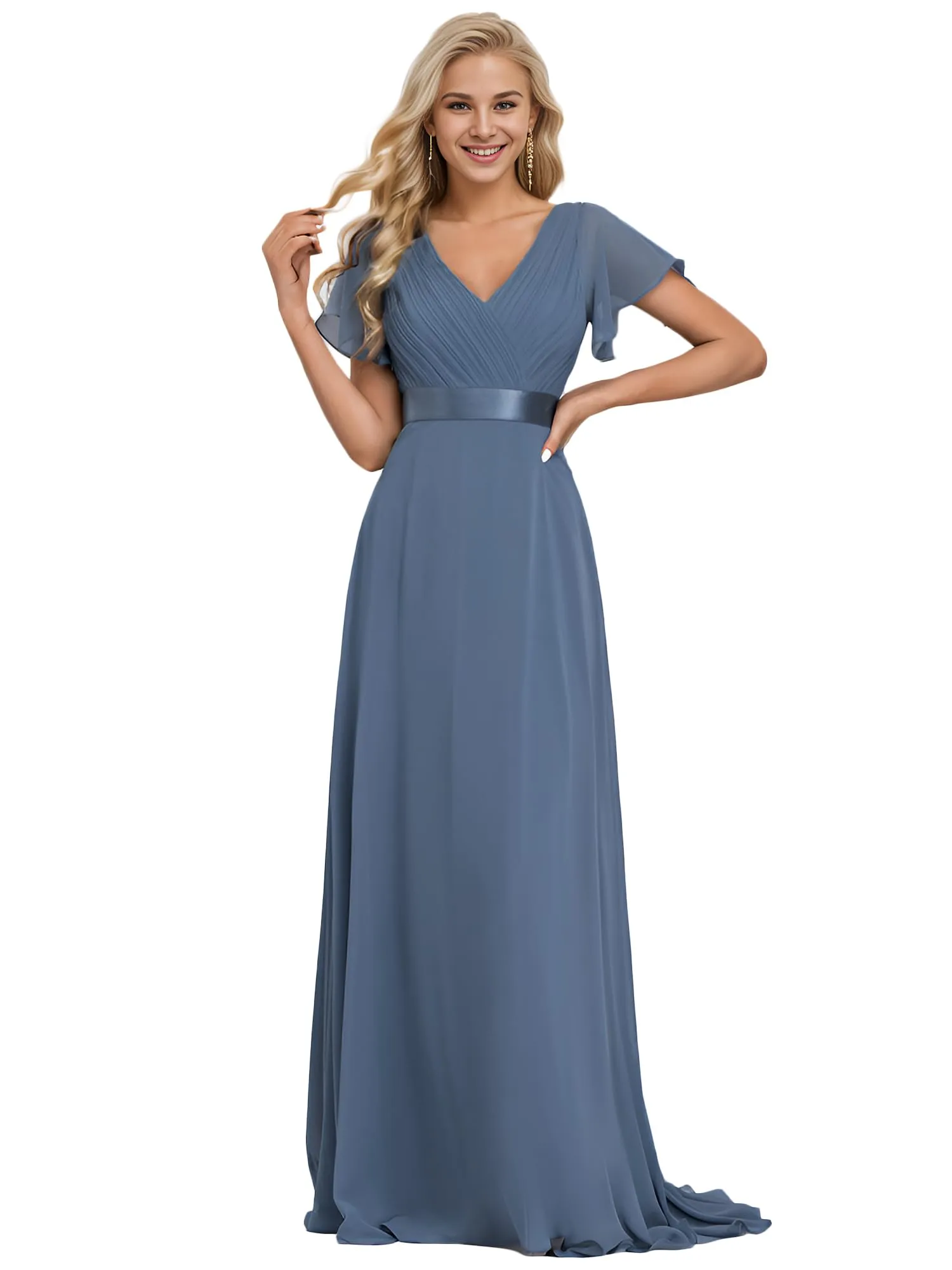 Ever-Pretty Abito Cerimonia Donna a V Linea ad A con Maniche a Volant, Denim Blu, 58 - immagine 1