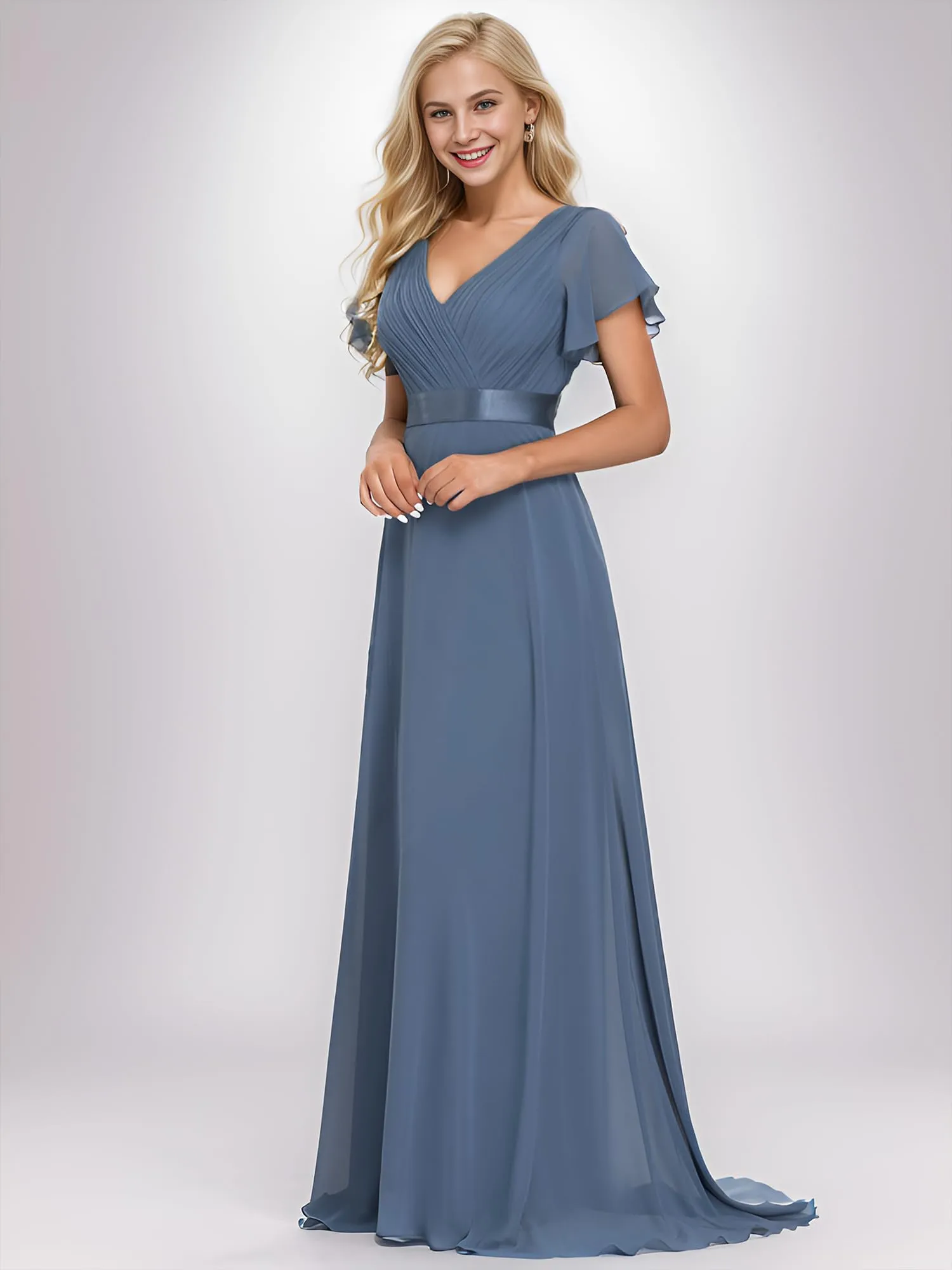 Ever-Pretty Abito Cerimonia Donna a V Linea ad A con Maniche a Volant, Denim Blu, 58 - immagine 6