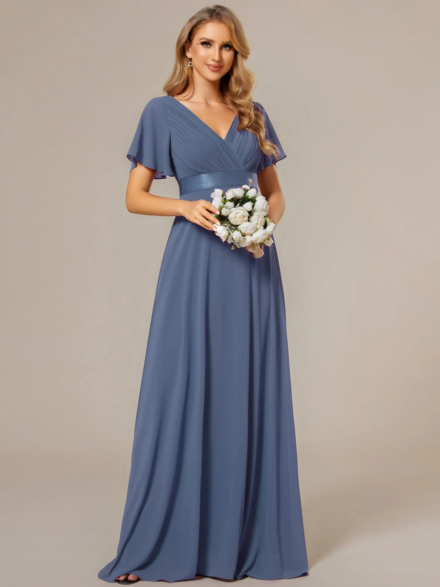 Ever-Pretty Vestiti da Cerimonia Donna Stile Impero Linea ad A Scollo a V Maniche Corte Lungo Dusty Navy 56 - immagine 5