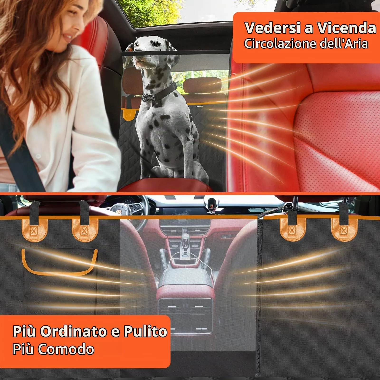 KYG Coprisedile Auto per Cani, Telo Posteriore in Panno Oxford Impermeabile, Antigraffiato e Antiscivolo, Nero Arancione - immagine 5