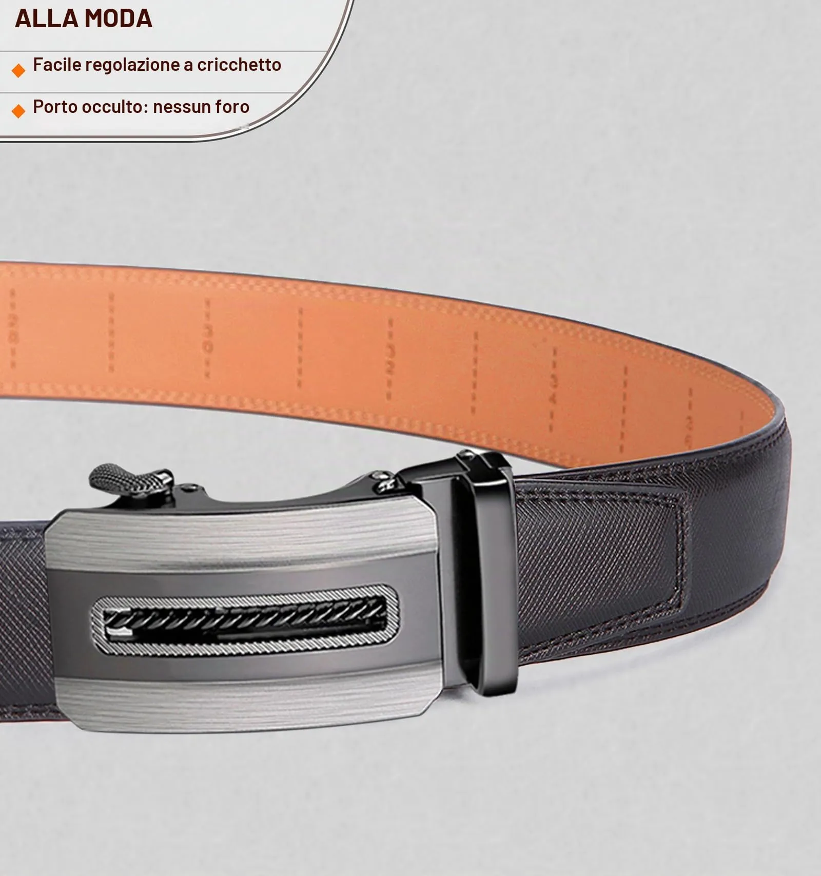 BULLIANT Cintura Uomo in Pelle a Cricchetto Automatico, Fibbia 35mm, Nero 1468, 130cm (38-44 vita regolabile) - immagine 2