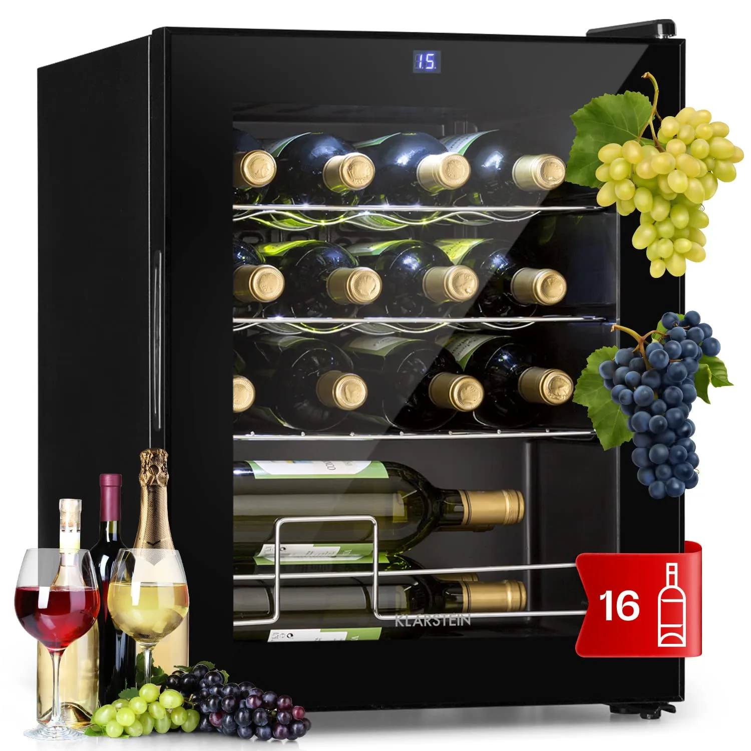Klarstein Shiraz Cantinetta Vino Nero, 16 Bottiglie, 42 L, 1 Zona, 5–18 °C, LED, Telaio Inox - immagine 1