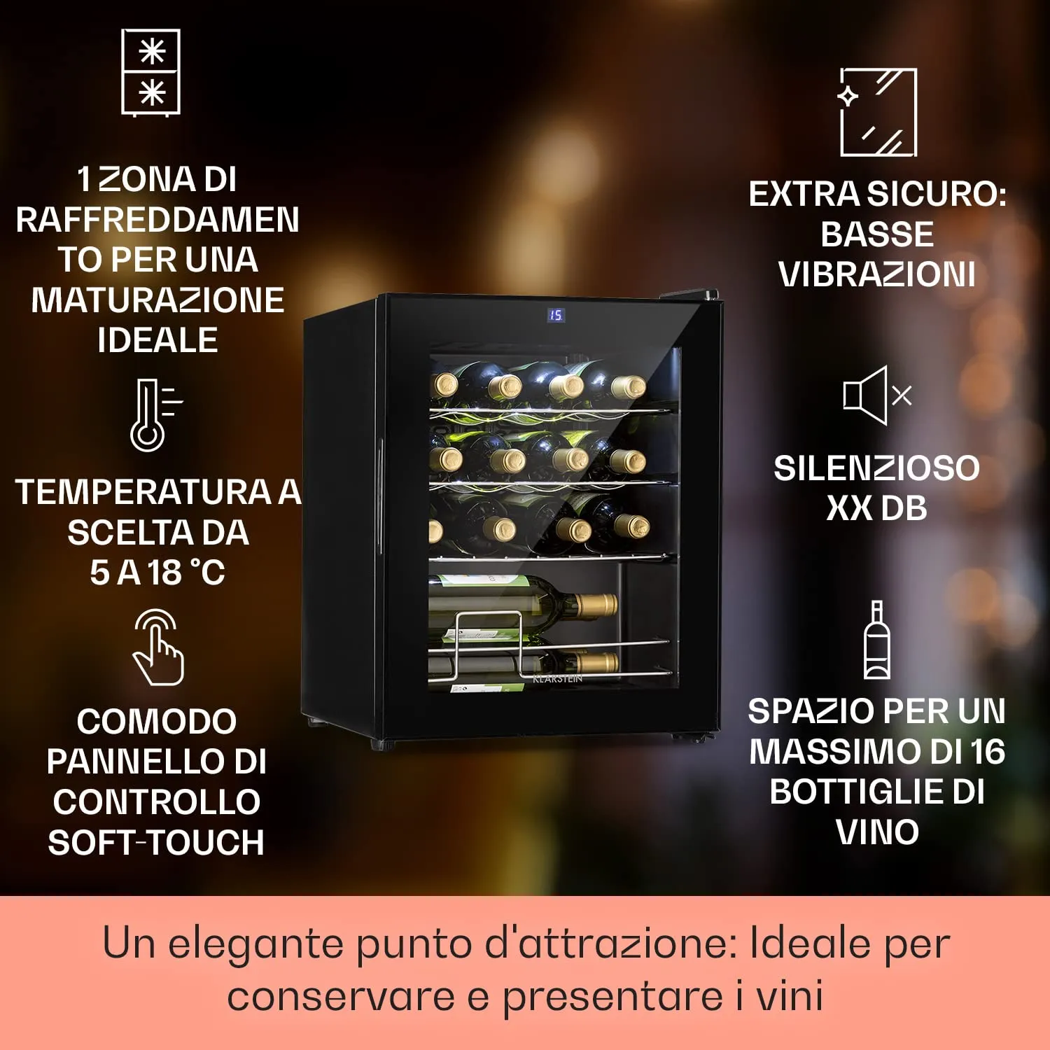 Klarstein Shiraz Cantinetta Vino Nero, 16 Bottiglie, 42 L, 1 Zona, 5–18 °C, LED, Telaio Inox - immagine 2