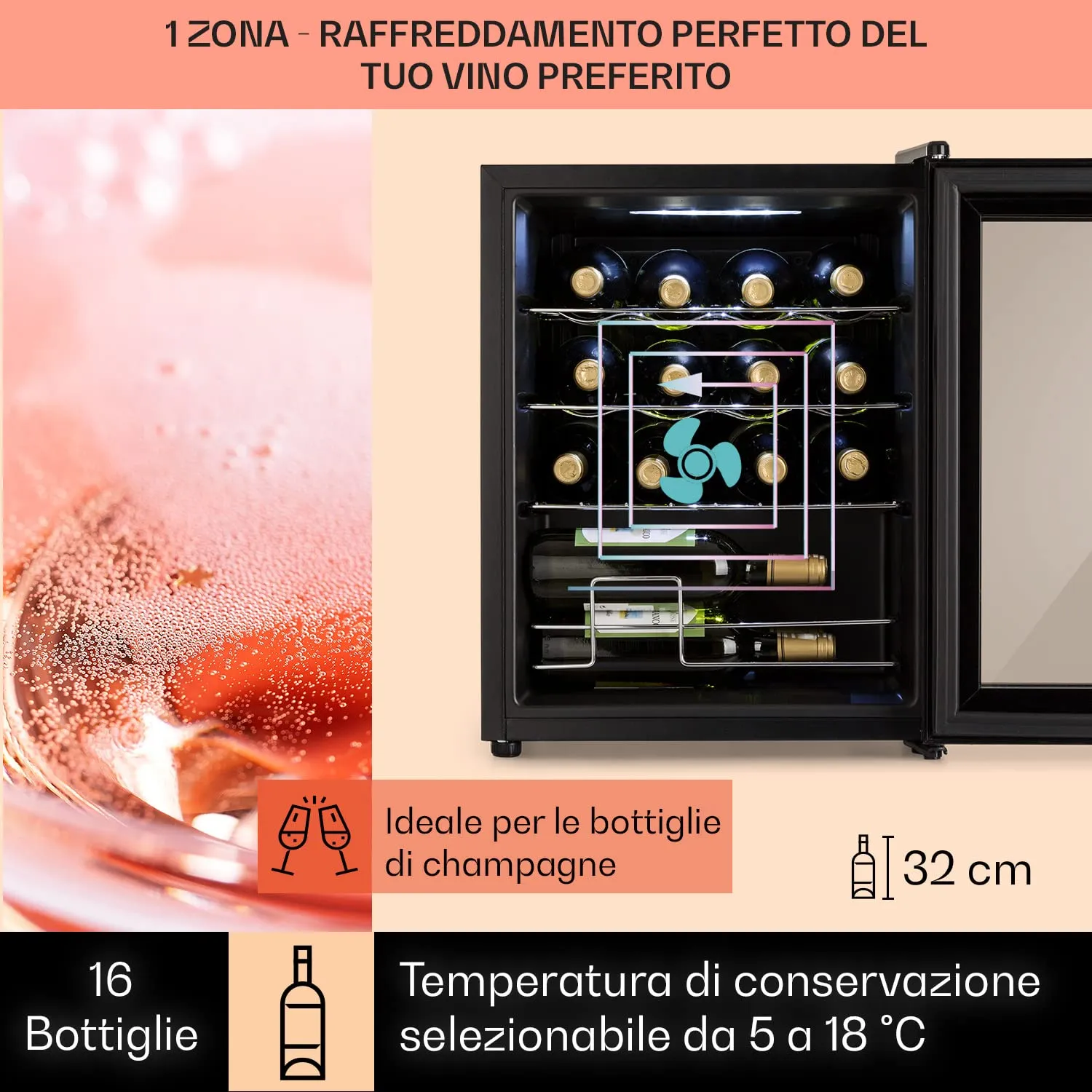 Klarstein Shiraz Cantinetta Vino Nero, 16 Bottiglie, 42 L, 1 Zona, 5–18 °C, LED, Telaio Inox - immagine 3